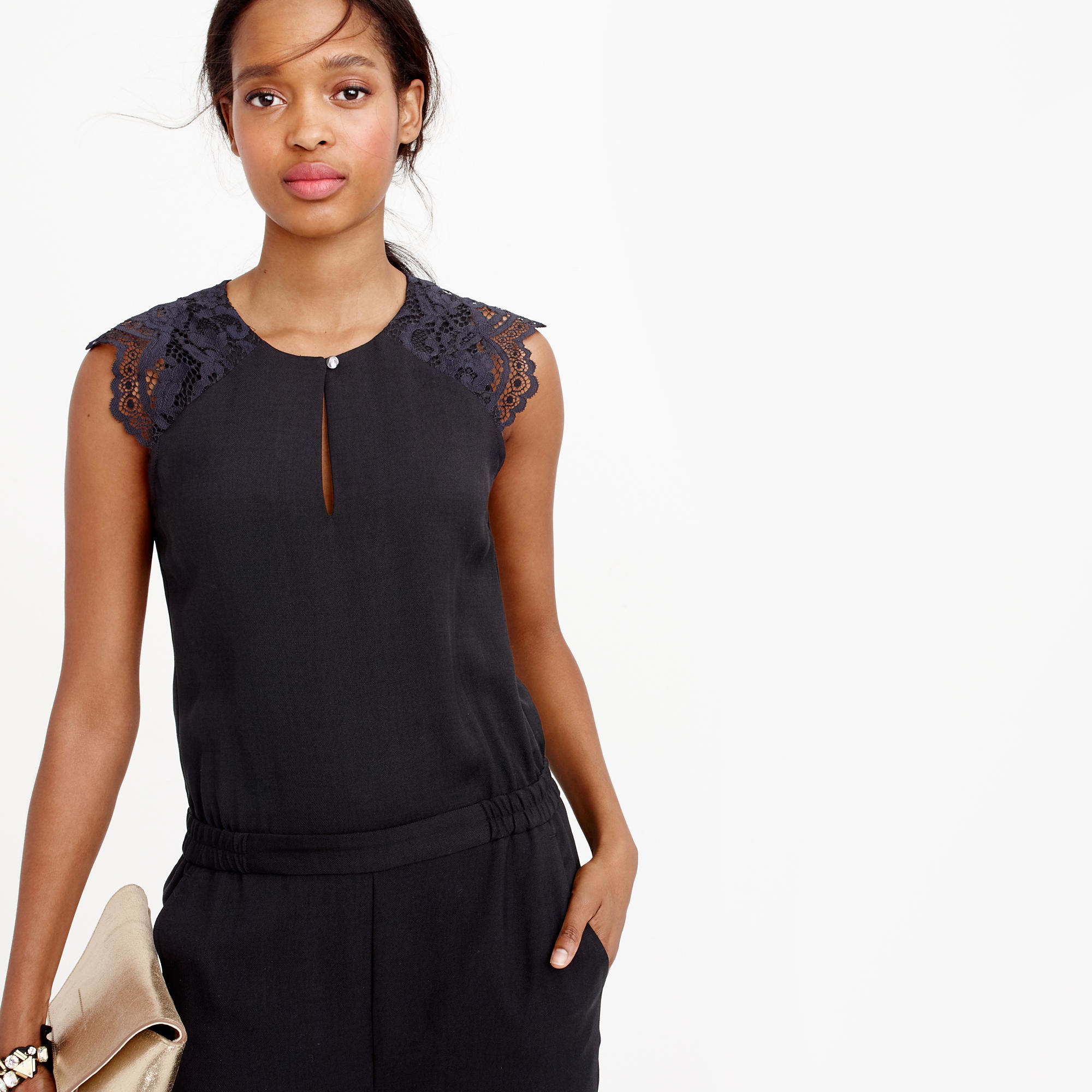 black jumpsuit with lace sleeves
