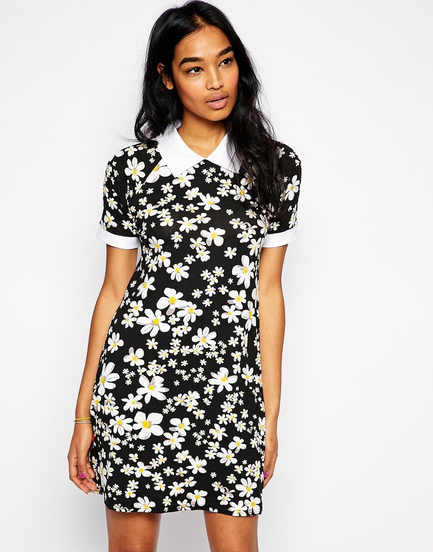 AX Paris Daisy Print Shift Dress With Collar in White | Lyst