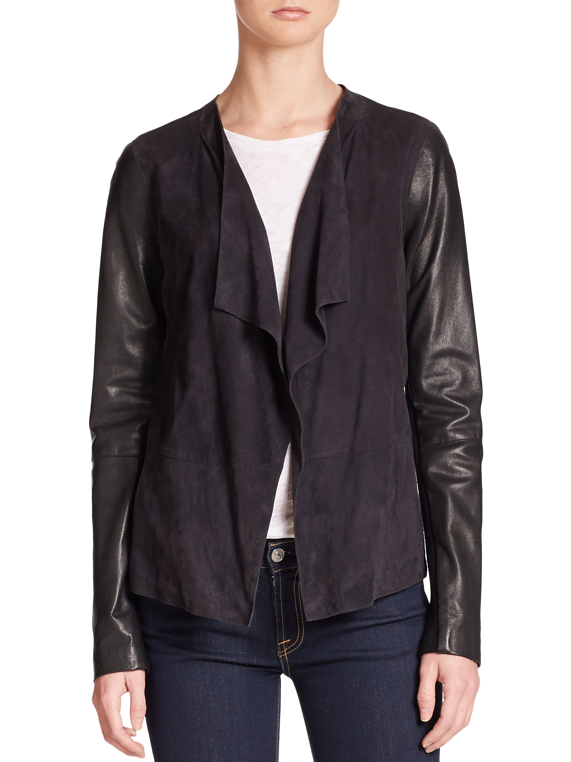 Lyst Vince Draped Leatherdetail Knit Jacket in Black