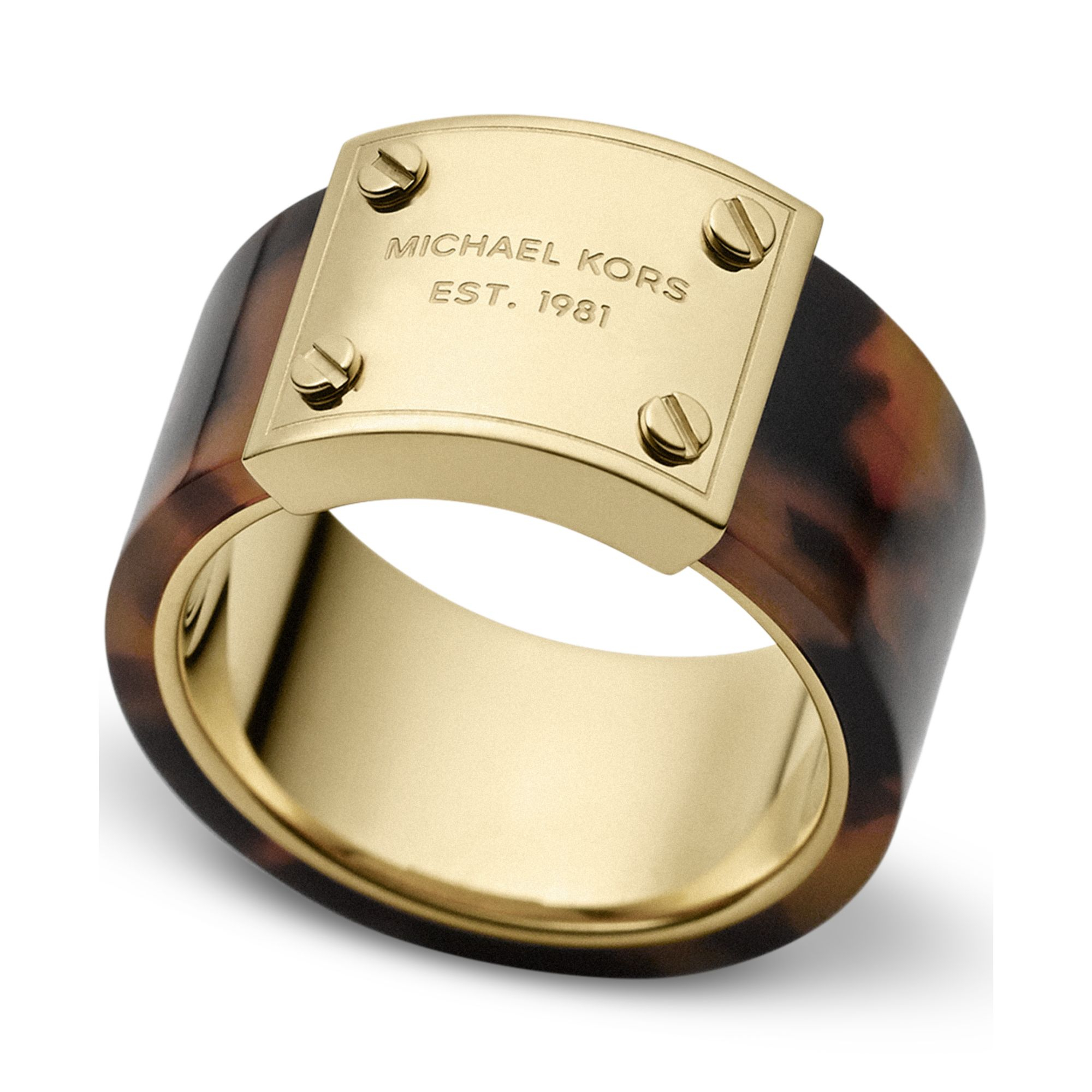 Michael Kors Goldtone Tortoise Logo Plaque Ring in Brown - Lyst