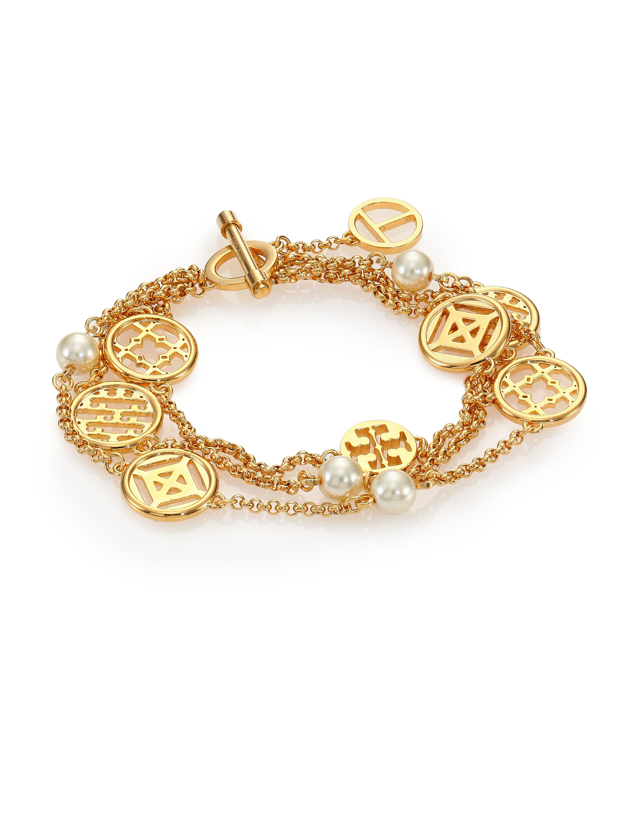 Tory Burch Charm & Faux Pearl Triplestrand Station Bracelet in Gold