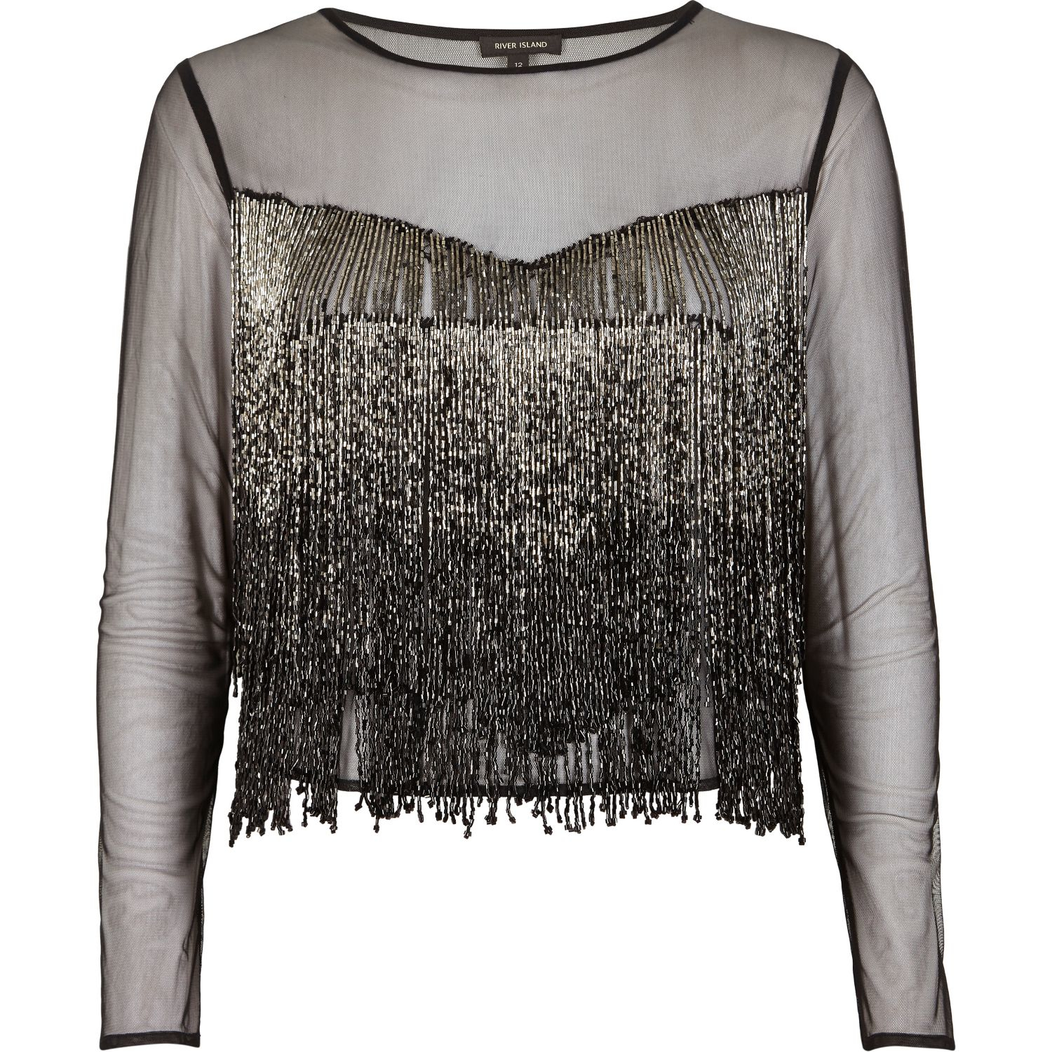 River Island Black Bead Embellished Fringed Crop Top in Black | Lyst