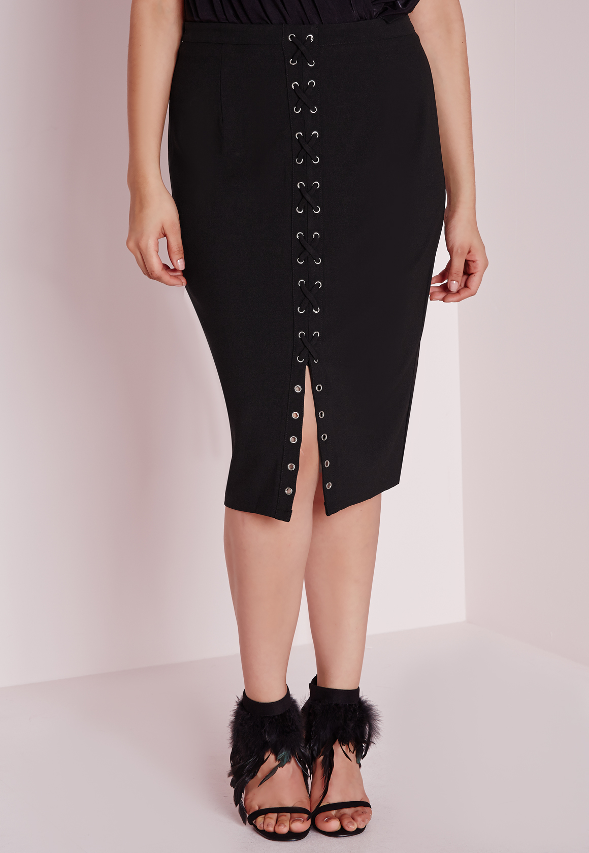 Lyst - Missguided Plus Size Lace Up Midi Skirt Black in Black