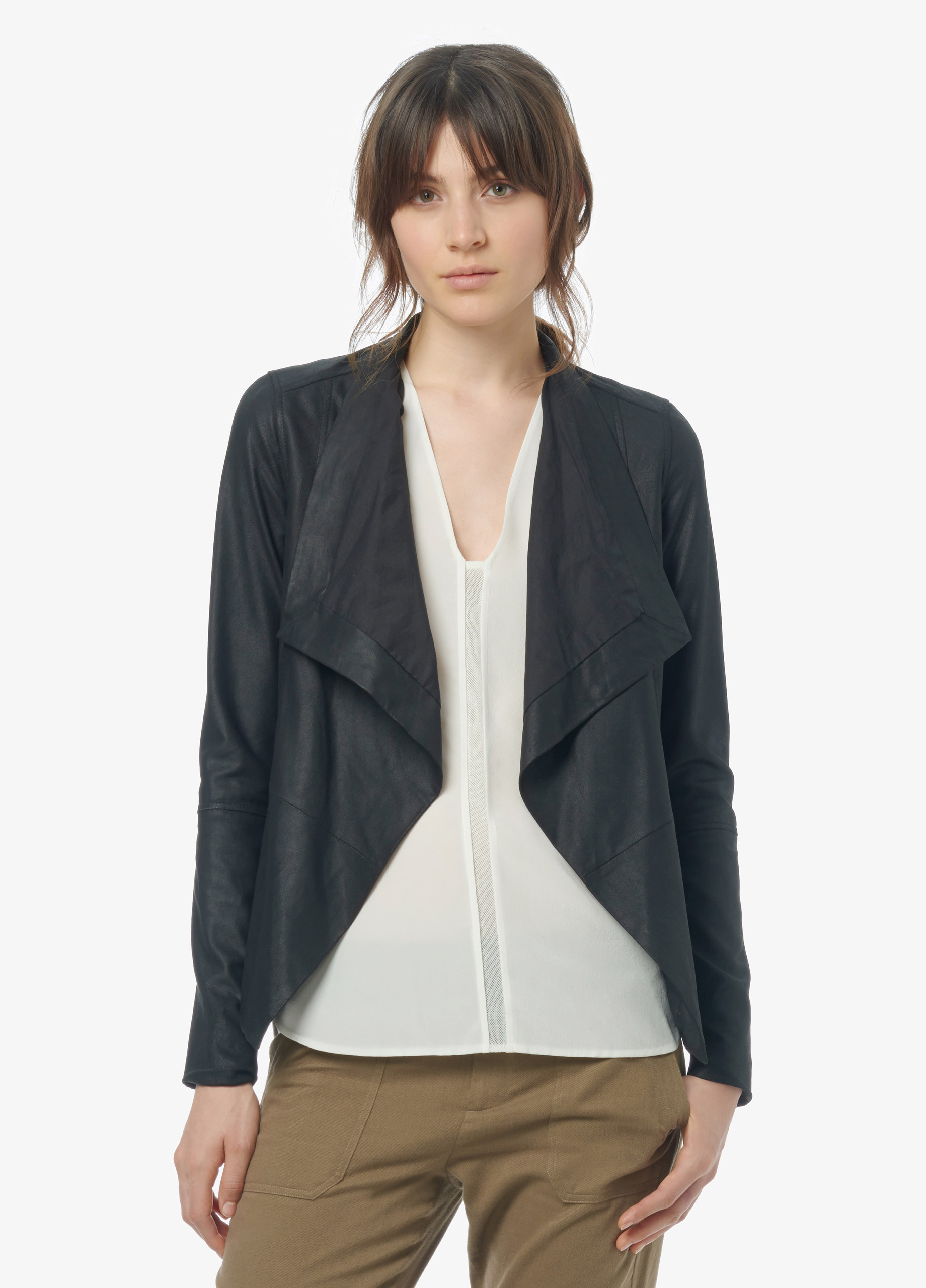 Vince Drape Front Feather Leather Jacket in Black | Lyst