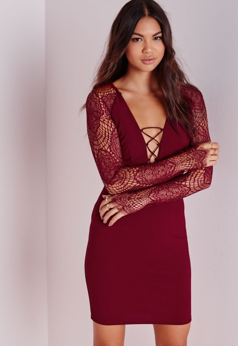 Long sleeve lace up bodycon dress