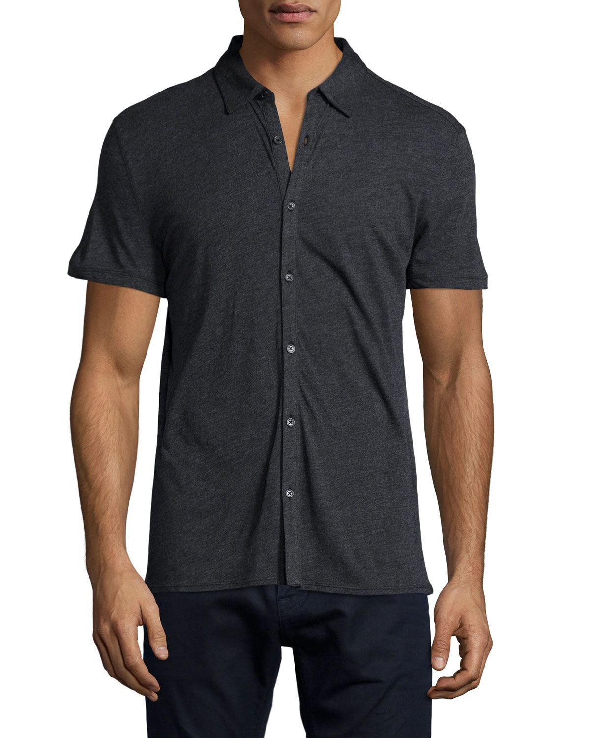 John Varvatos Cotton Short sleeve Knit Button down Shirt In Charcoal 