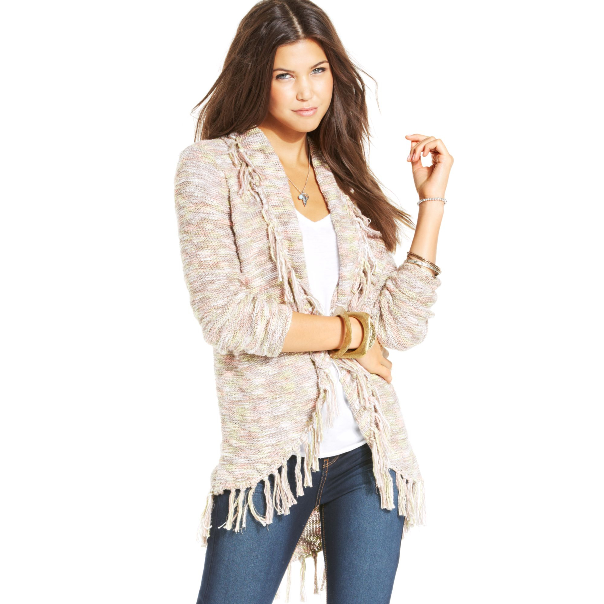 Lyst American Rag Marledknit Fringed Cardigan in Natural