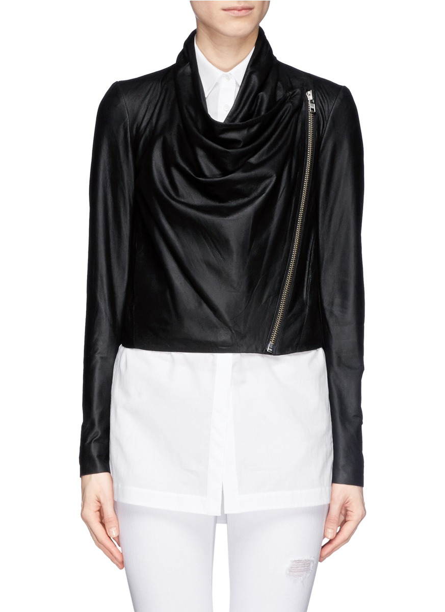 Helmut Lang Drape Front Cropped Leather Jacket In Black Lyst