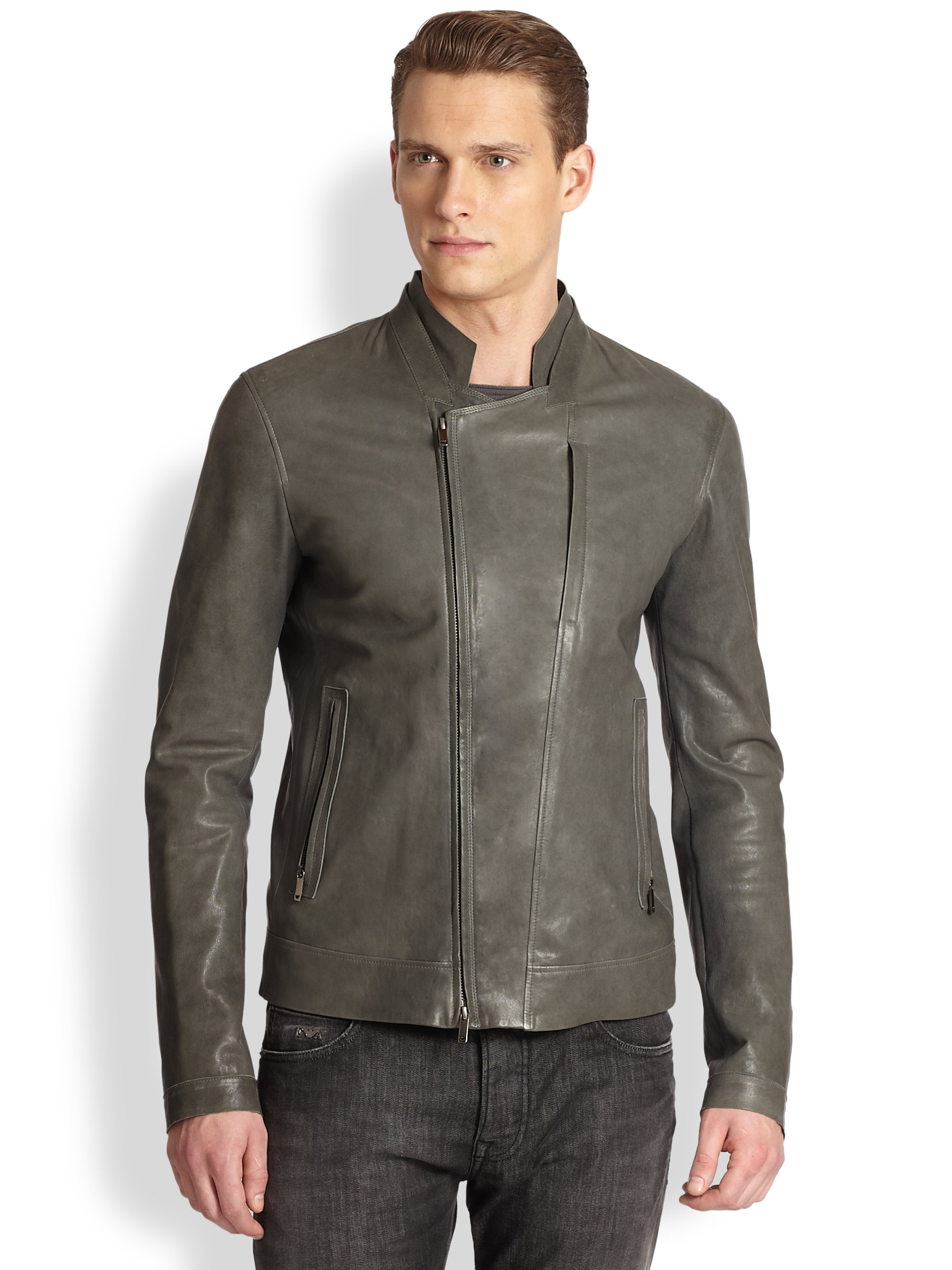 Emporio Armani Asymmetrical Leather Jacket in Gray for Men - Lyst