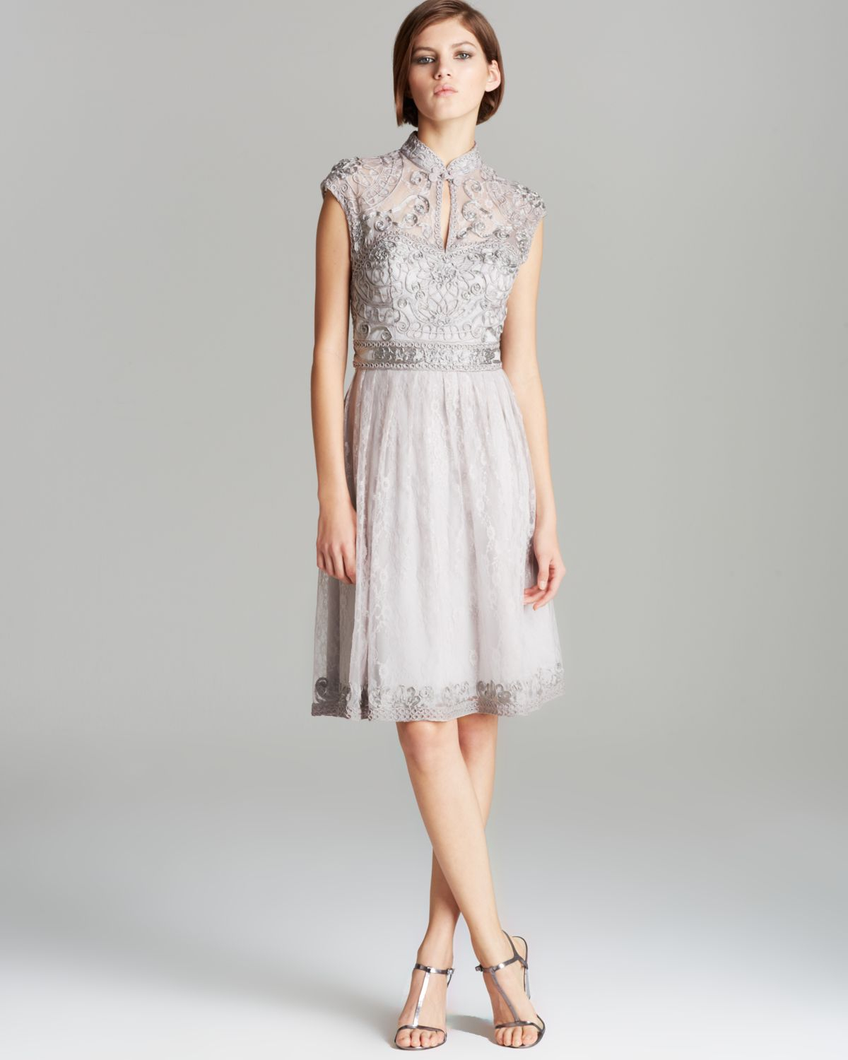 Lyst Sue Wong Dress High Neck Mandarin Collar Lace Fit And Flare Gallery
