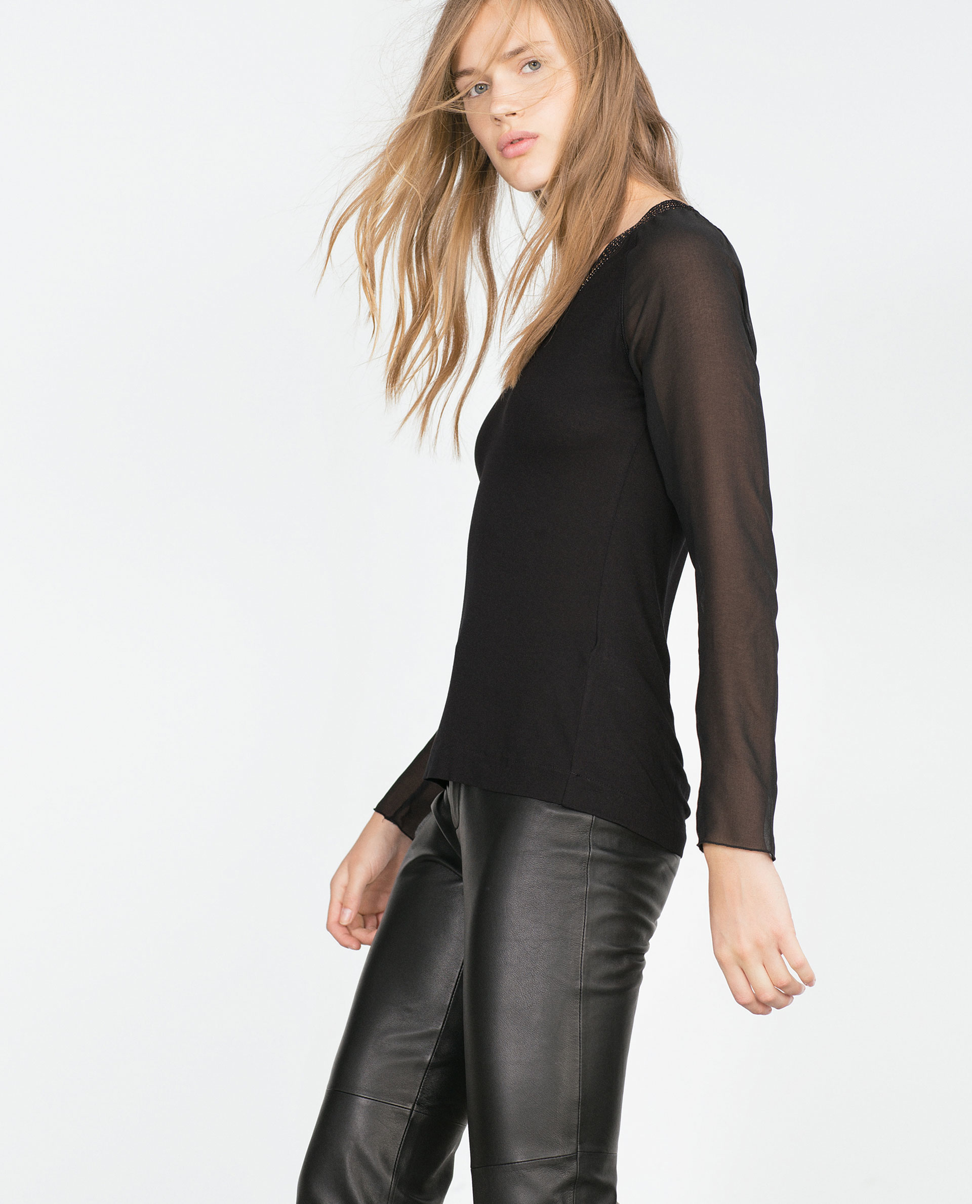 Zara T-shirt With Sheer Sleeves in Black | Lyst