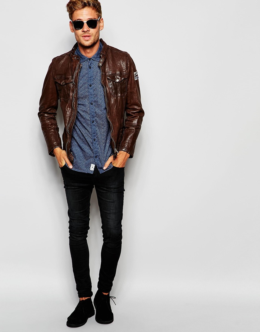 Lyst - Pepe Jeans Pepe Leather Biker Jacket Guzzi Zip Thru in Brown for Men