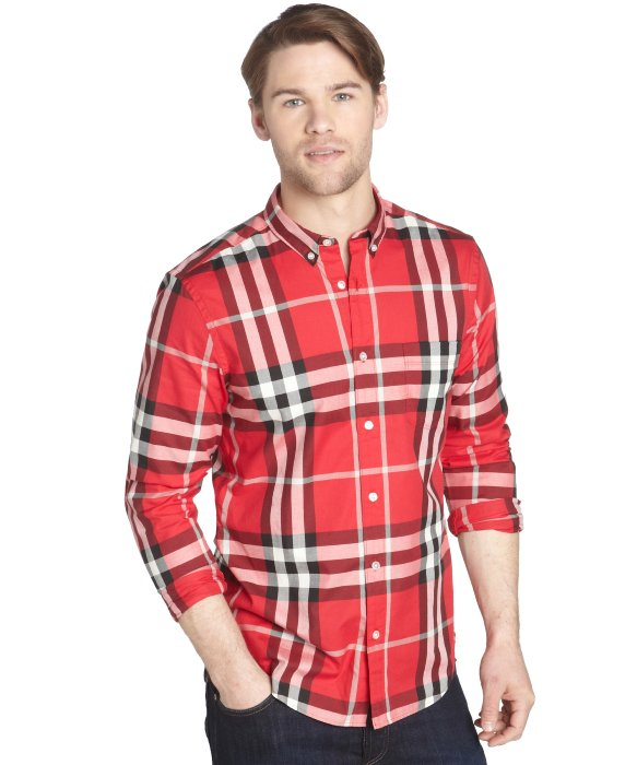 Lyst - Burberry Brit Military Red Plaid Cotton Niall Button Down Long ...