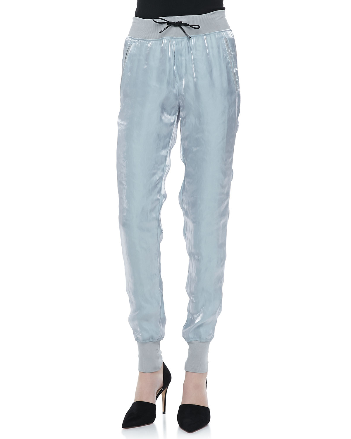 blue shiny pants