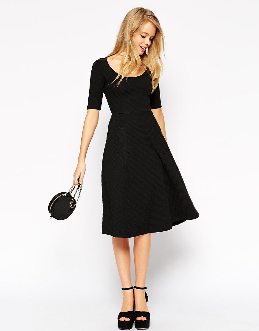 Lyst - Asos Midi Texture Skater Dress With Half Sleeve in Black