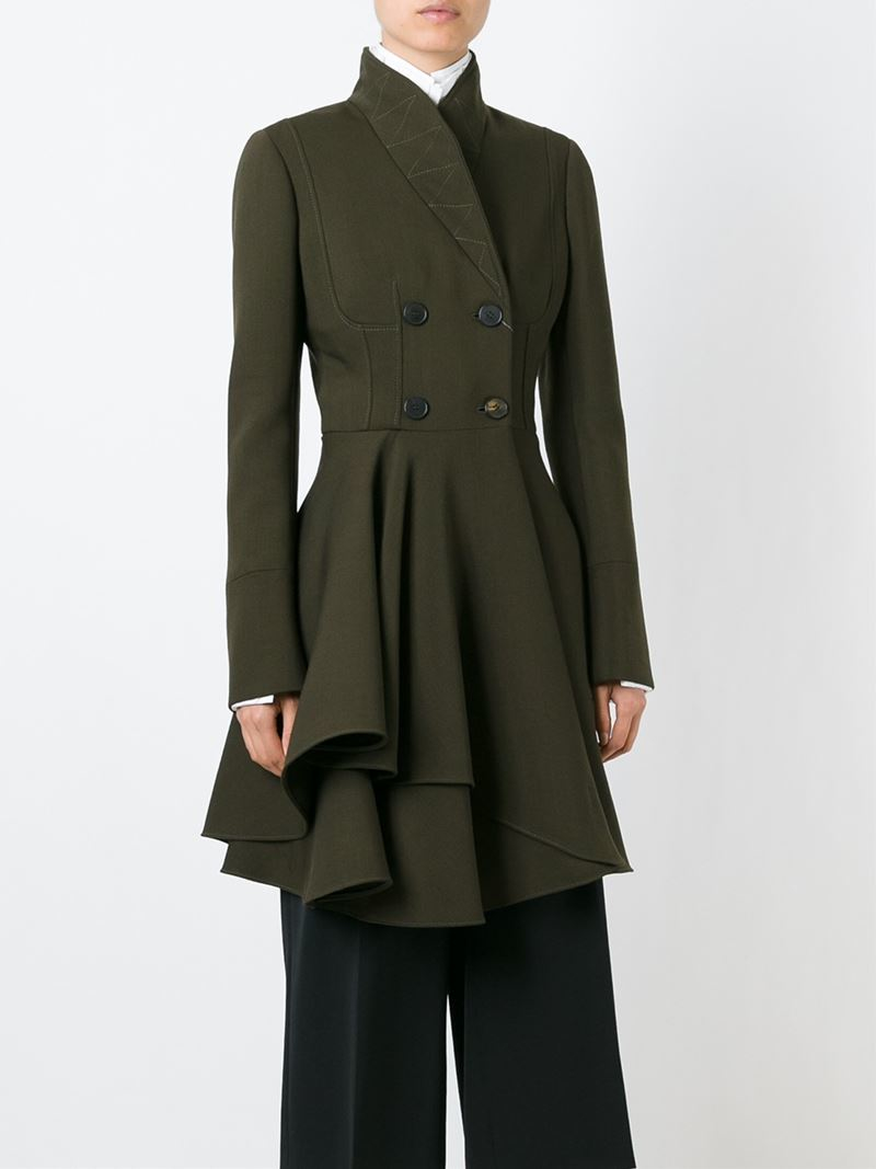 Ruffle Double-Breasted Coat in Green 