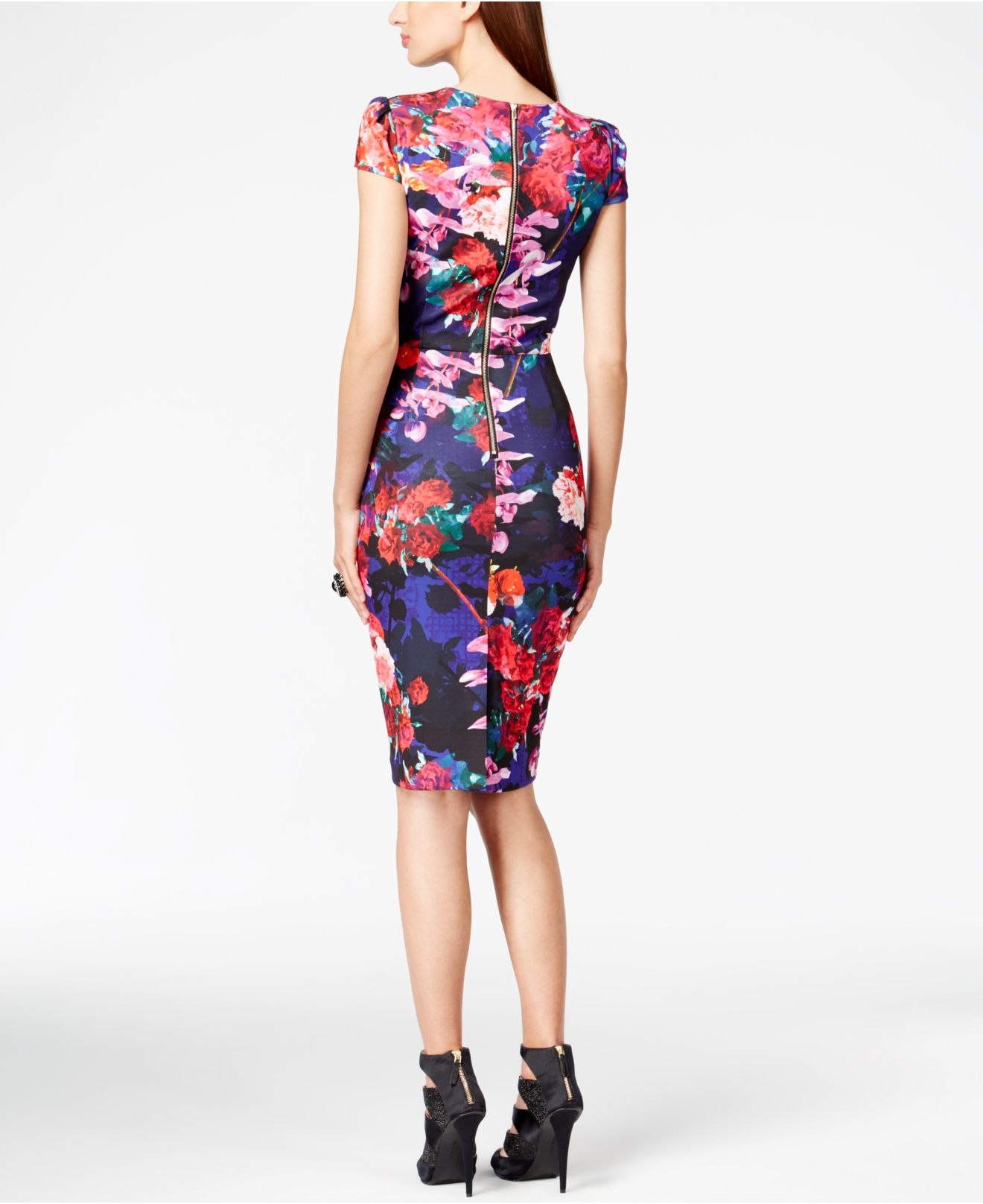 Betsey Johnson Floral-print Cap-sleeve Sheath Dress in Black - Lyst