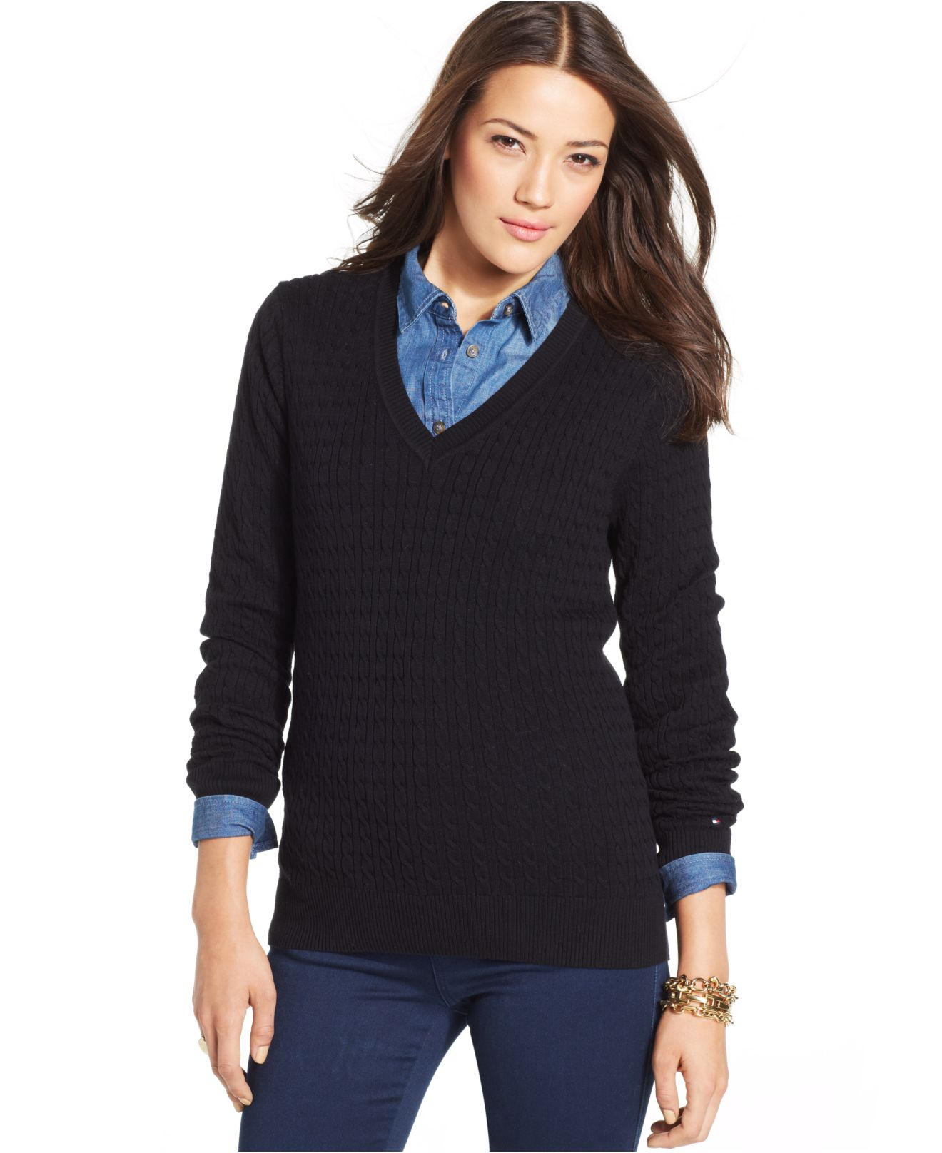 Tommy Hilfiger Cable-Knit V-Neck Sweater in Black - Lyst