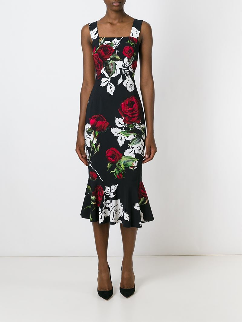 Dolce & Gabbana Rose Print Dress in Black | Lyst