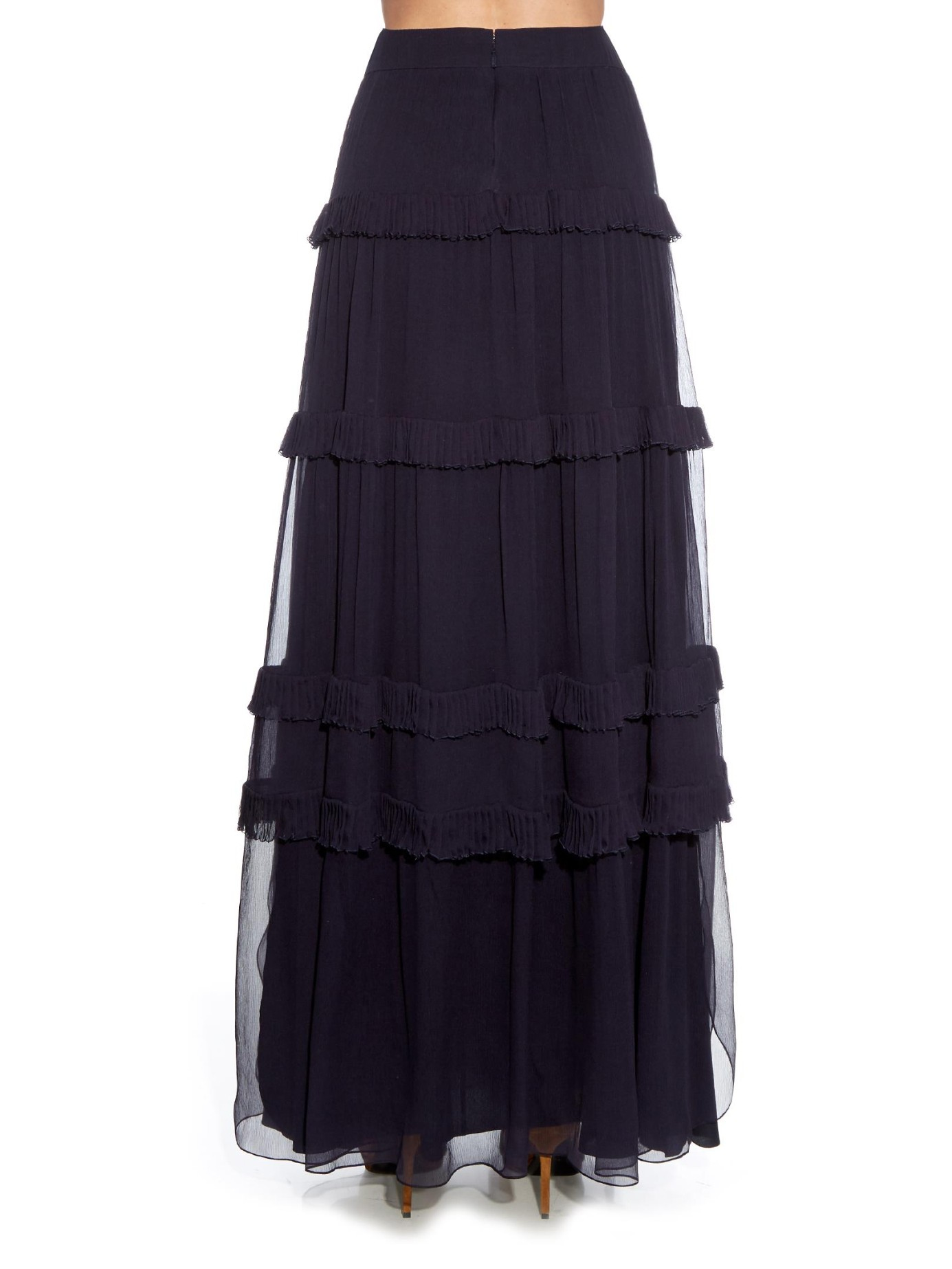 Ruffled Tiered Silk Maxi Skirt in Navy 