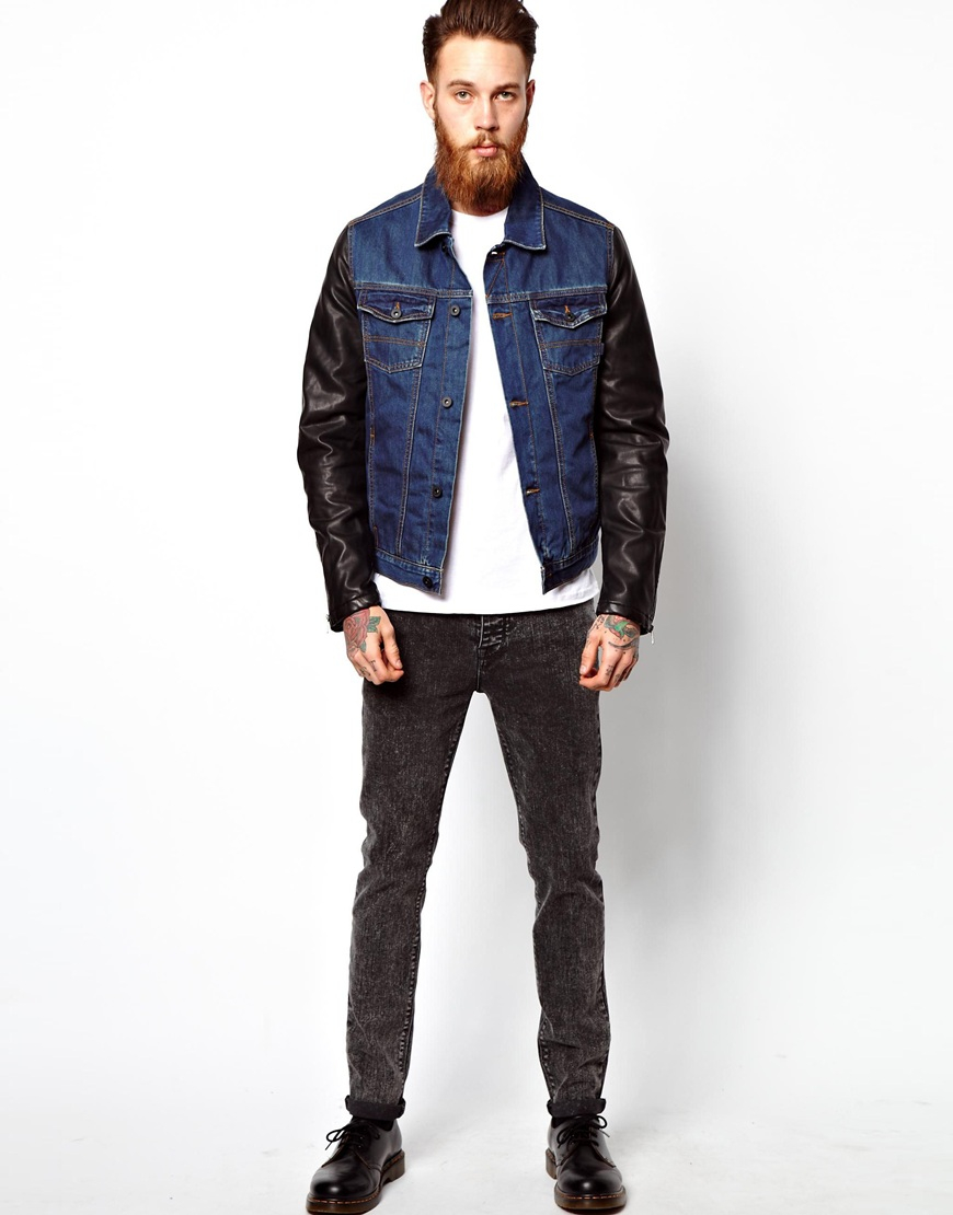 Lyst Asos Denim Jacket With Leather Look Sleeves In Blue For Men Gallery