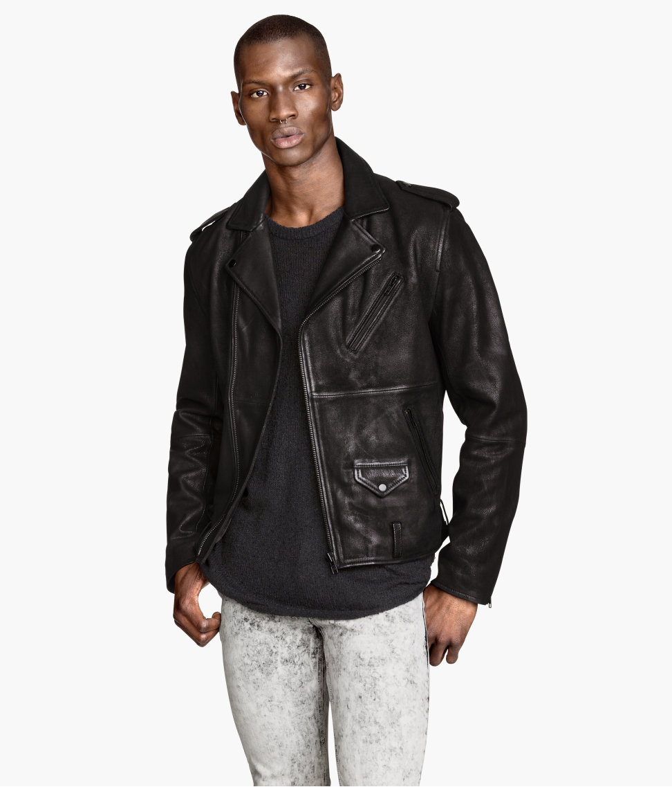 H M Black Leather Biker Jacket For Men