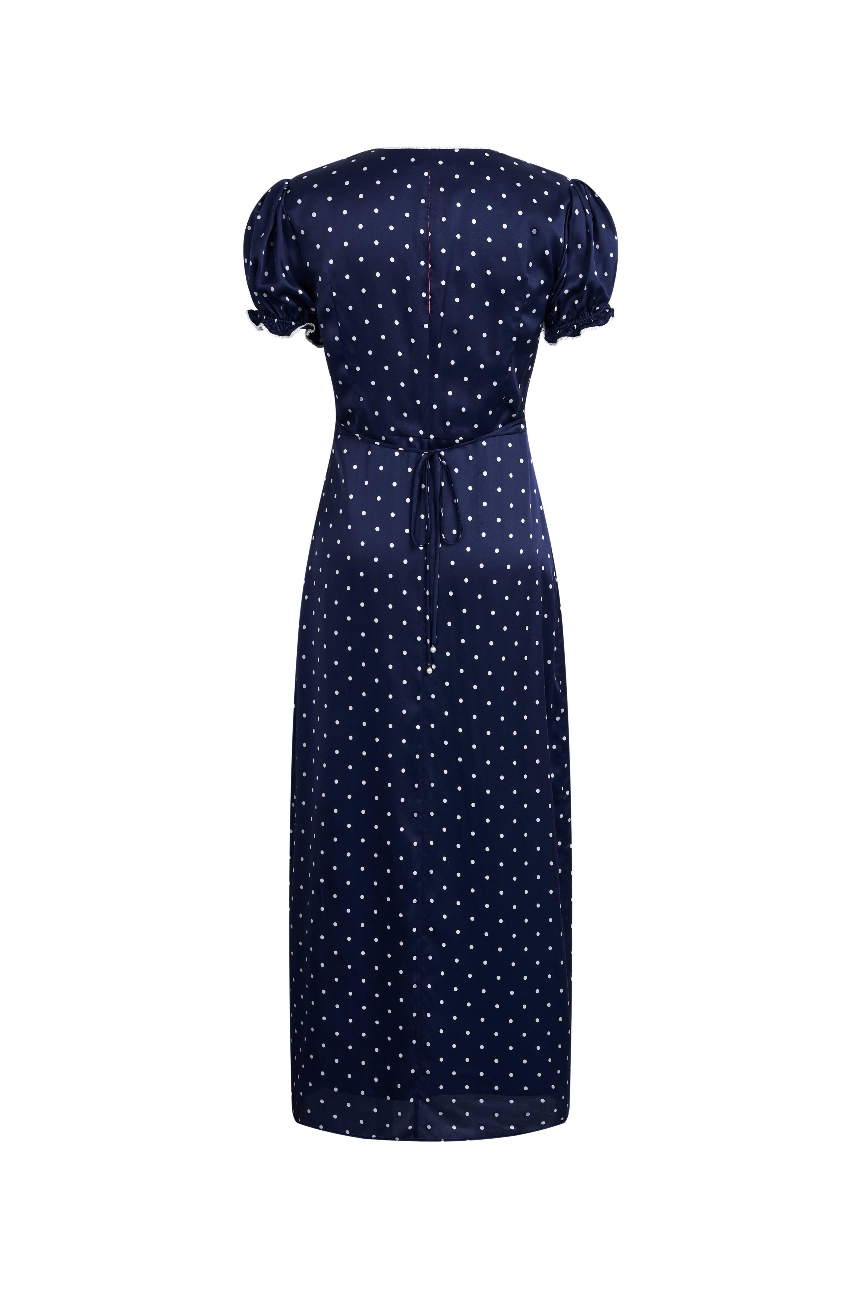 blue polka dot puff sleeve dress Polka Dot Elastic V Neck Midi Dress main image 1