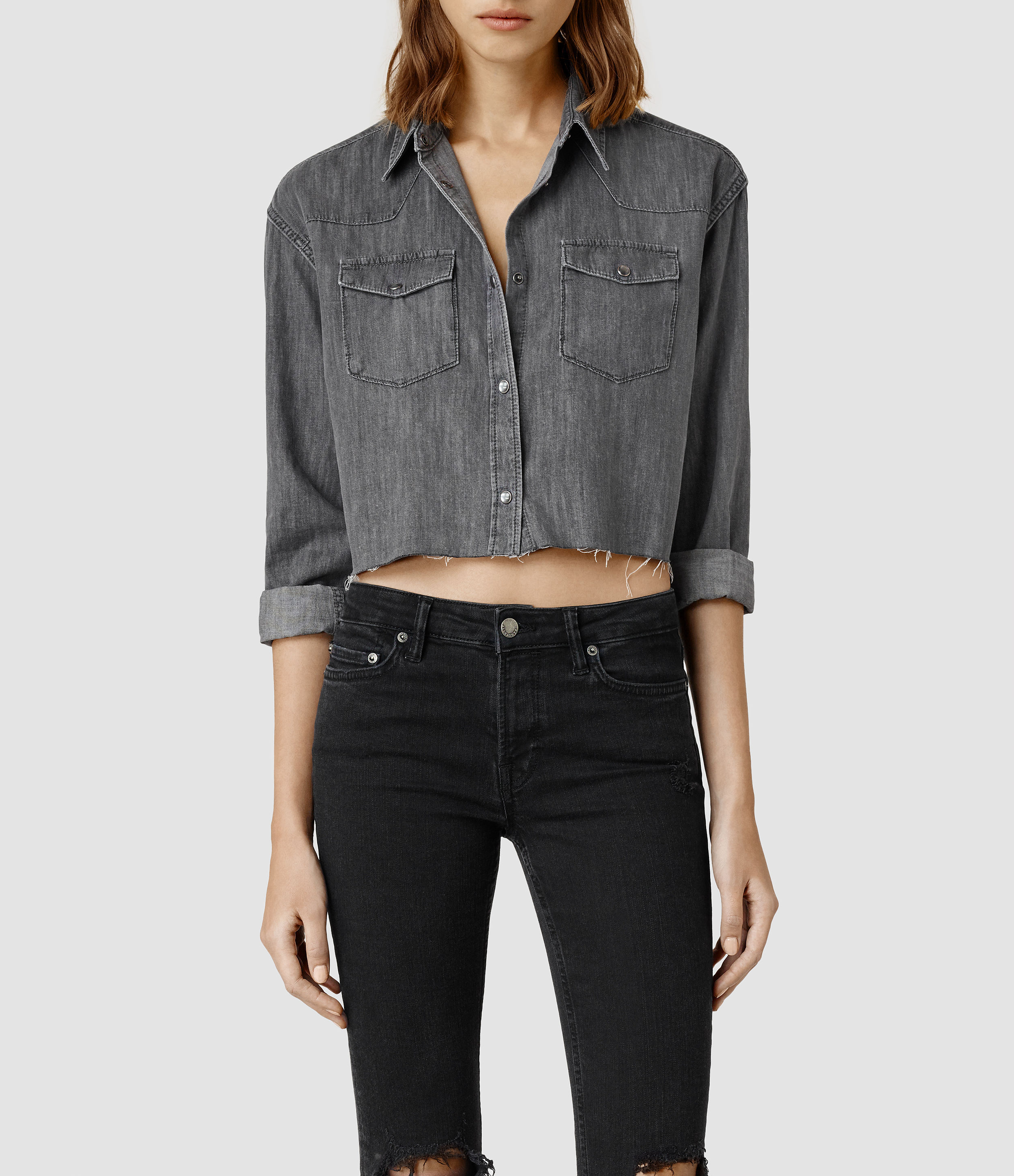 AllSaints Cropped Denim Shirt in Grey 