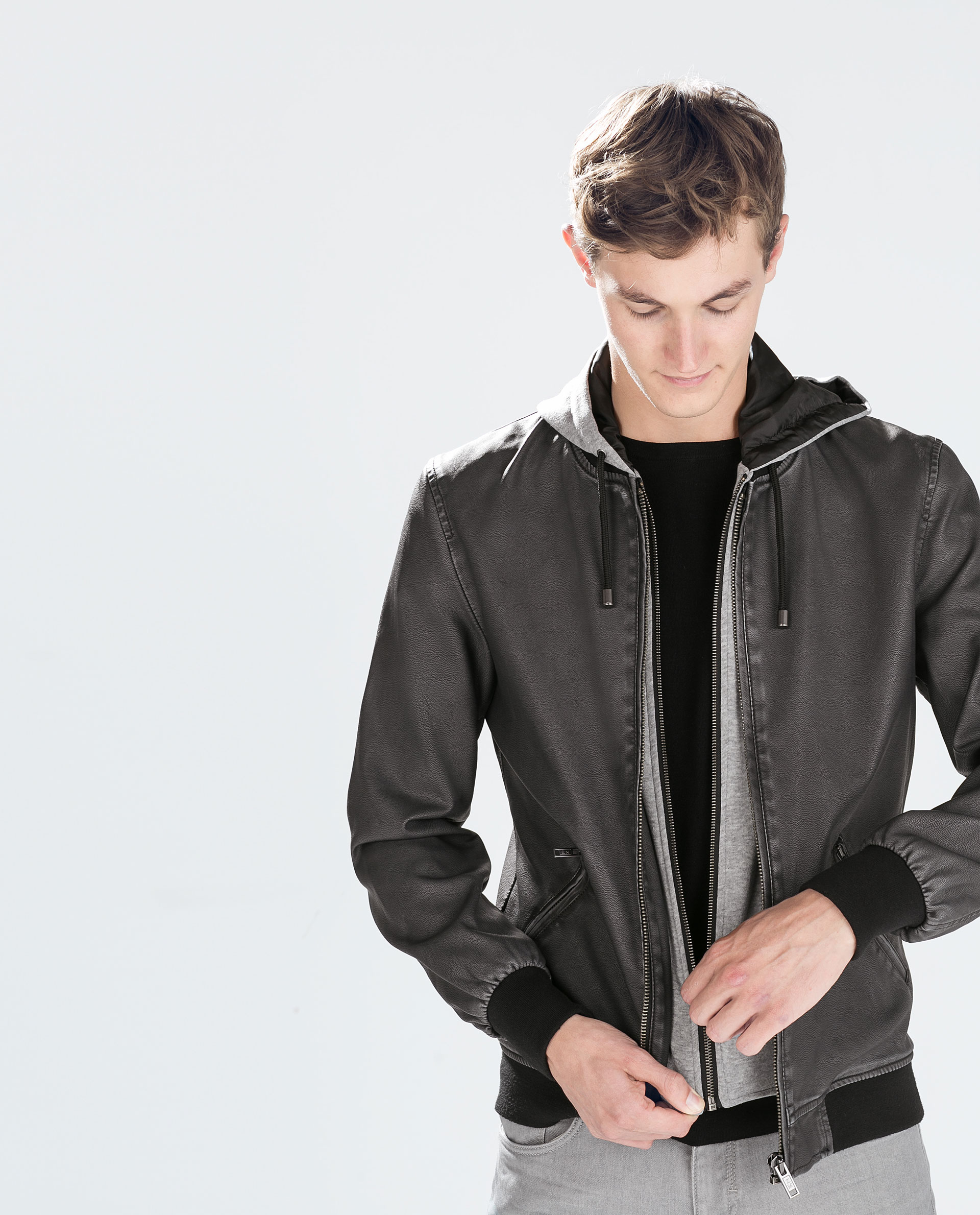 Zara Faux Leather Hooded Jacket In Gray For Men Lyst Gallery