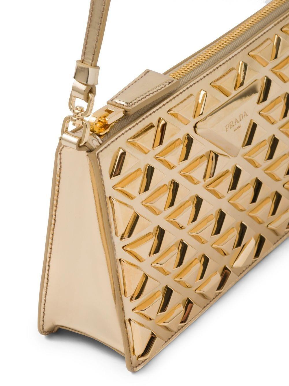 Prada Mini Studded Triangle Logo Leather Shoulder Bag in Metallic | Lyst
