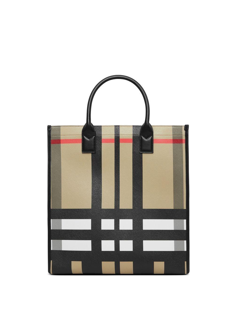 Burberry Classic Check Tote Bag with Black Leather Trim