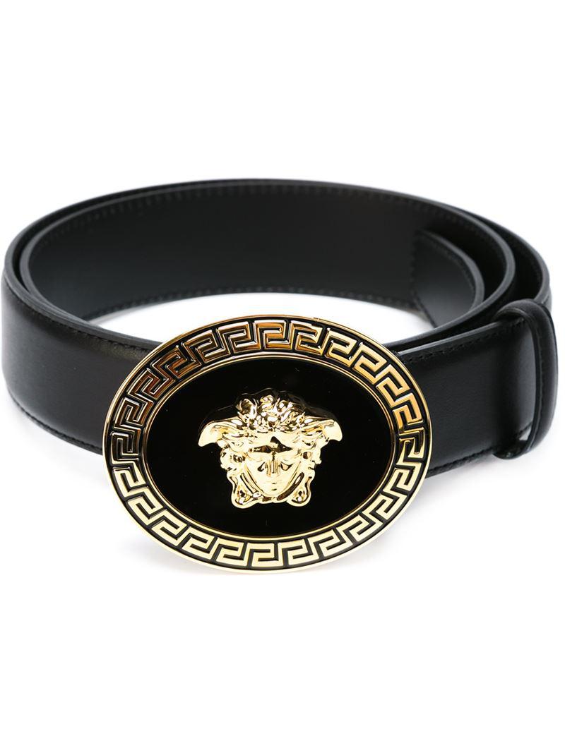 VERSACE BLACK LEATHER BELT with TITANIUM color MEDUSA ROUND GROOVED BUCKLE  90/36