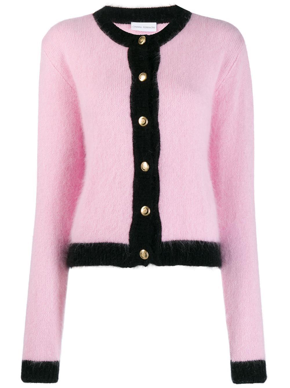 Chiara Ferragni Wool Contrast Trim Knitted Cardigan in Pink - Lyst