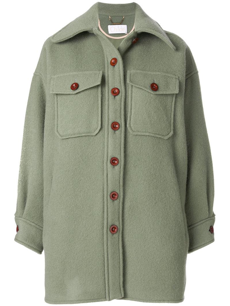 Chloé Wool Longline Military Jacket in Green - Lyst