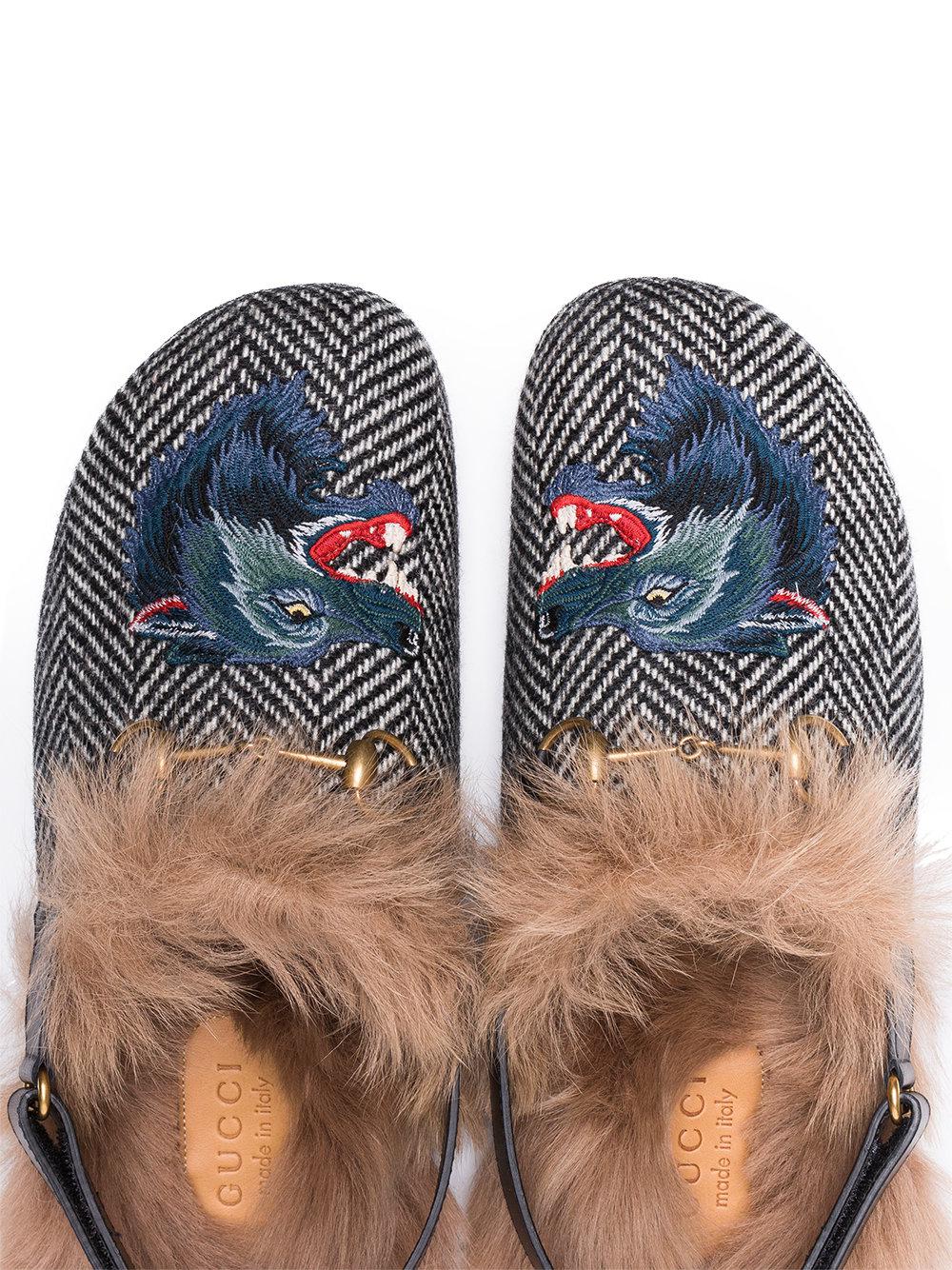 Gucci Fur Herringbone Slippers With 