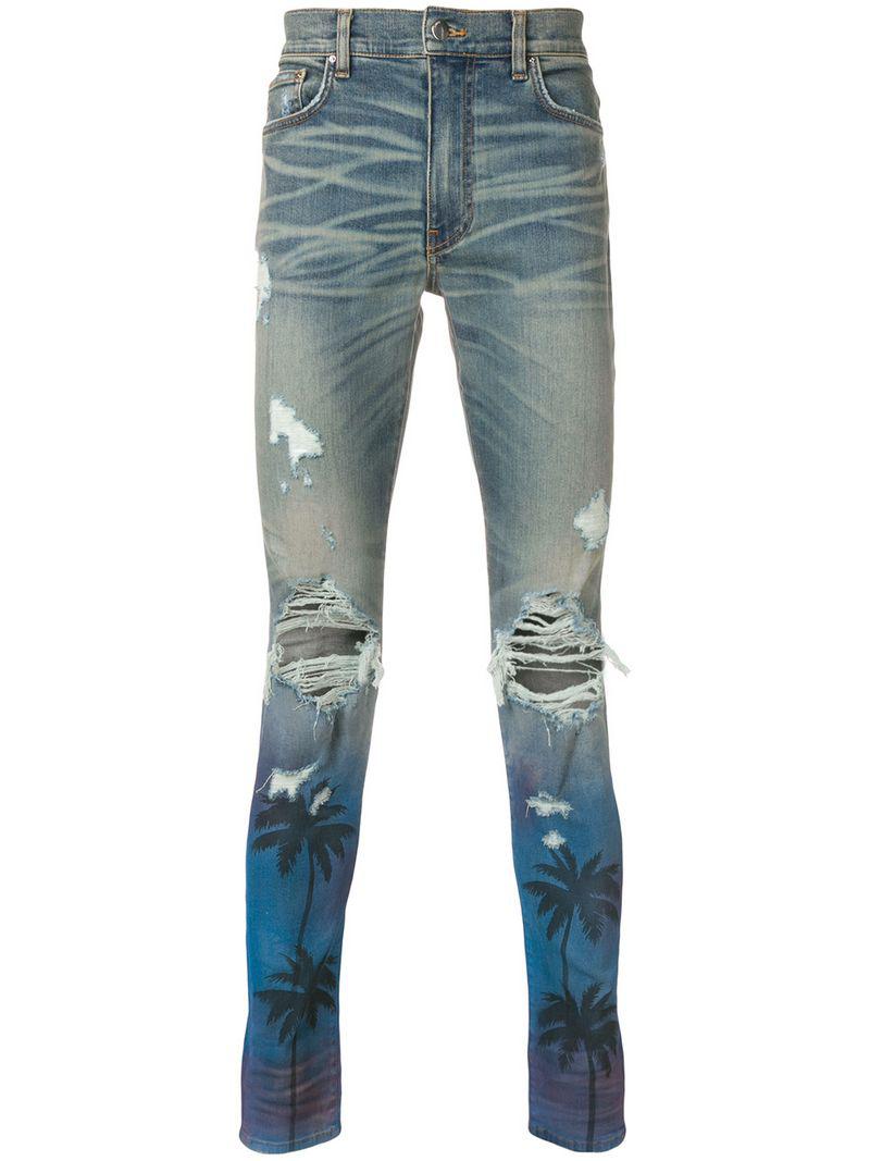 Amiri Palm Tree Ripped Skinny Jeans in Blue for Men | Lyst