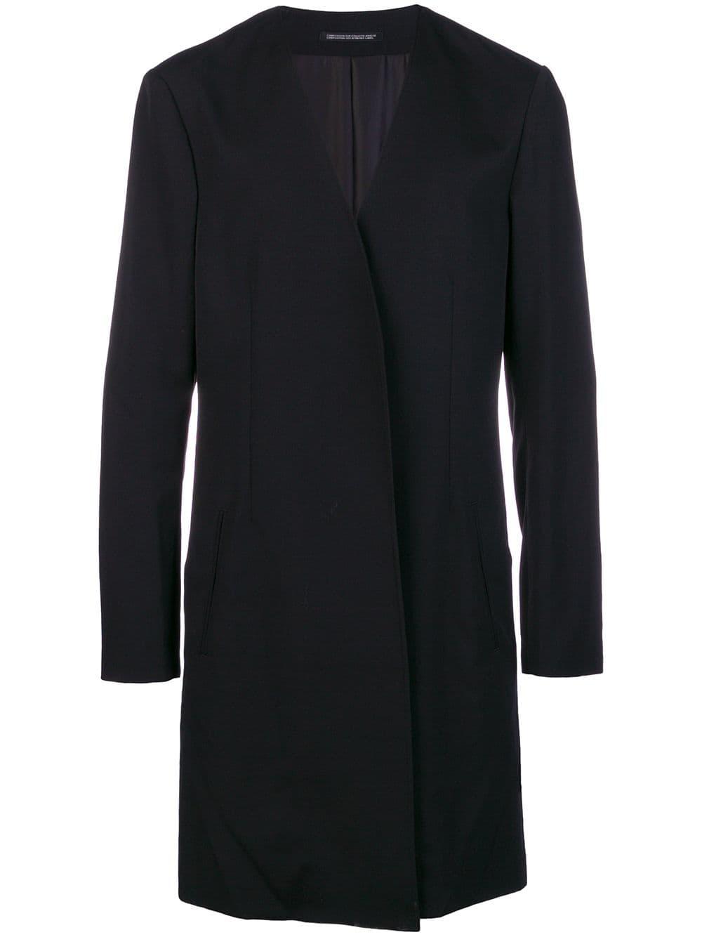 black collarless coat