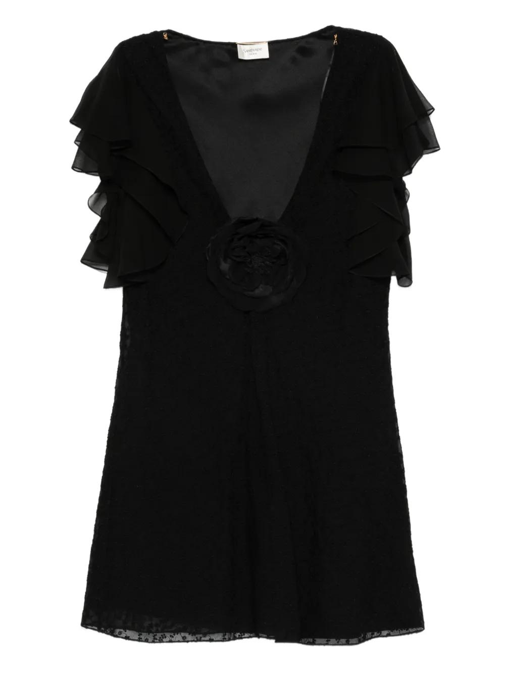 ワンピース Saint Laurent Black cupro mini dress Saint Laurent Draped V-neck Minidress | Black | FARFETCH CA