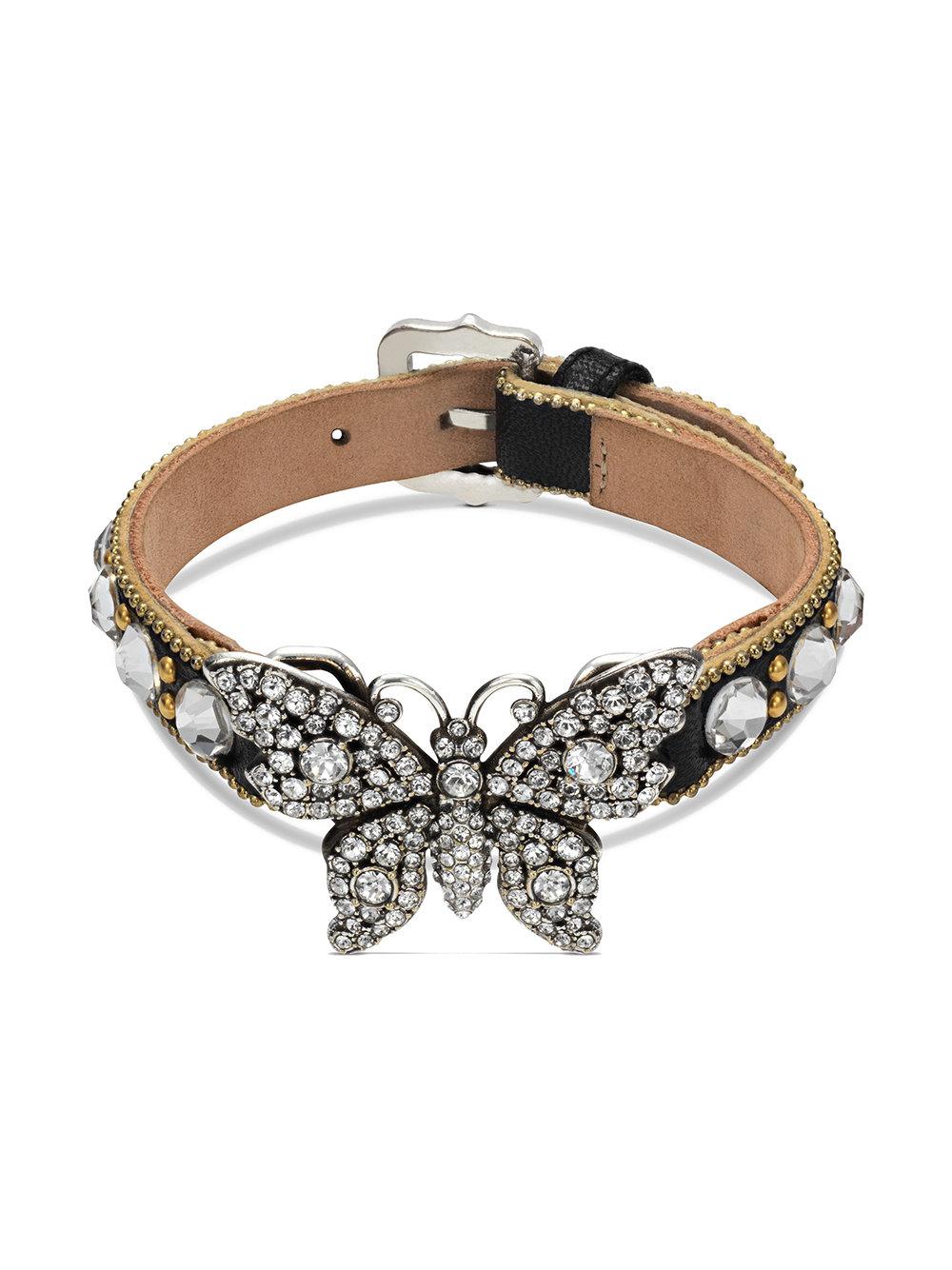 Gucci Butterfly Crystal Embellished And Leather Bracelet in