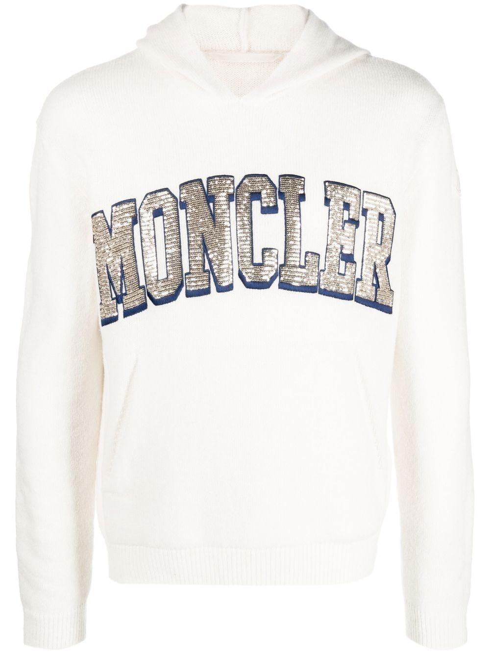 Moncler Sequin-logo Hoodie in White for Men | Lyst