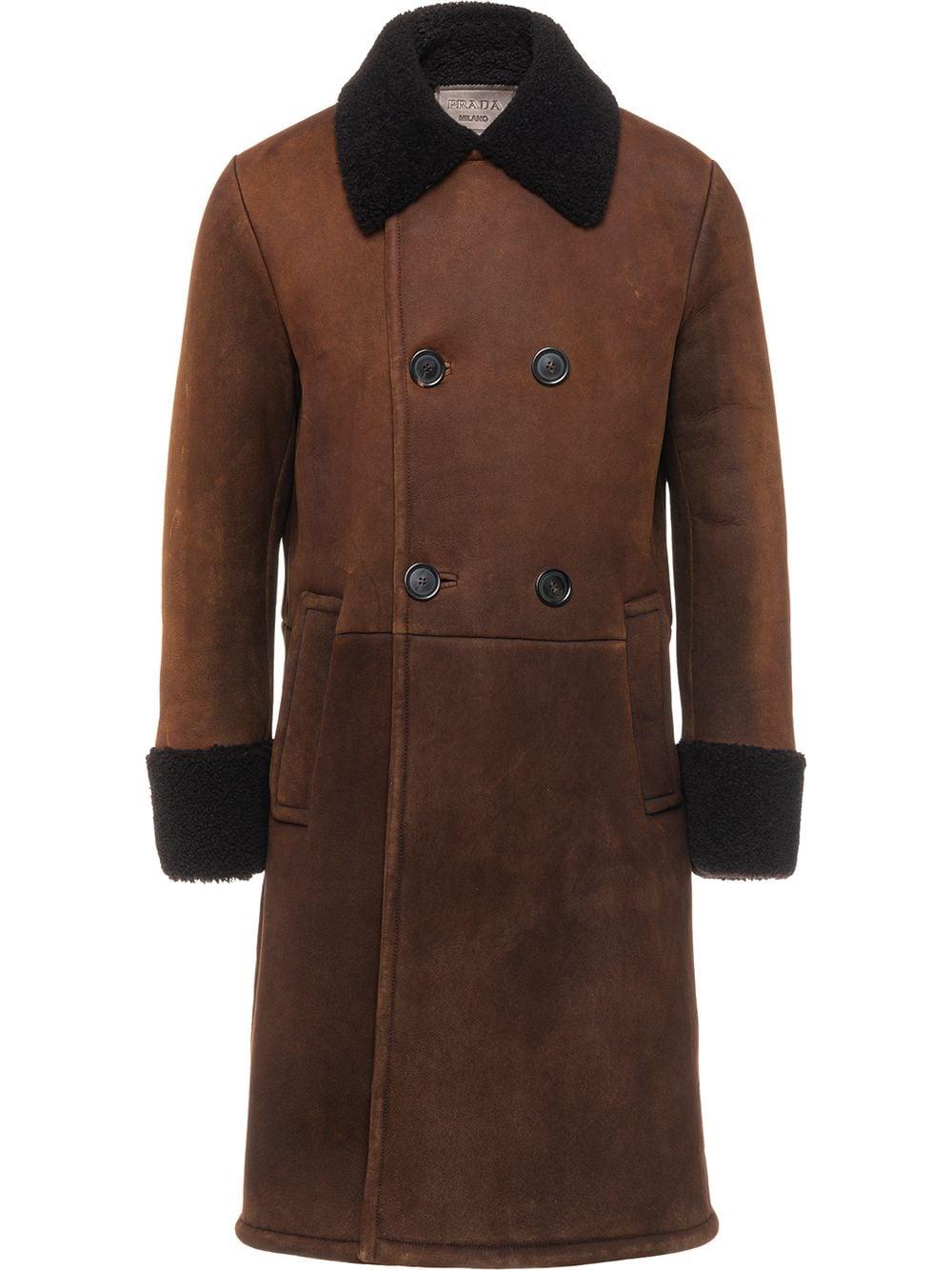 Prada Brown Double-breasted Sheepskin Coat for men