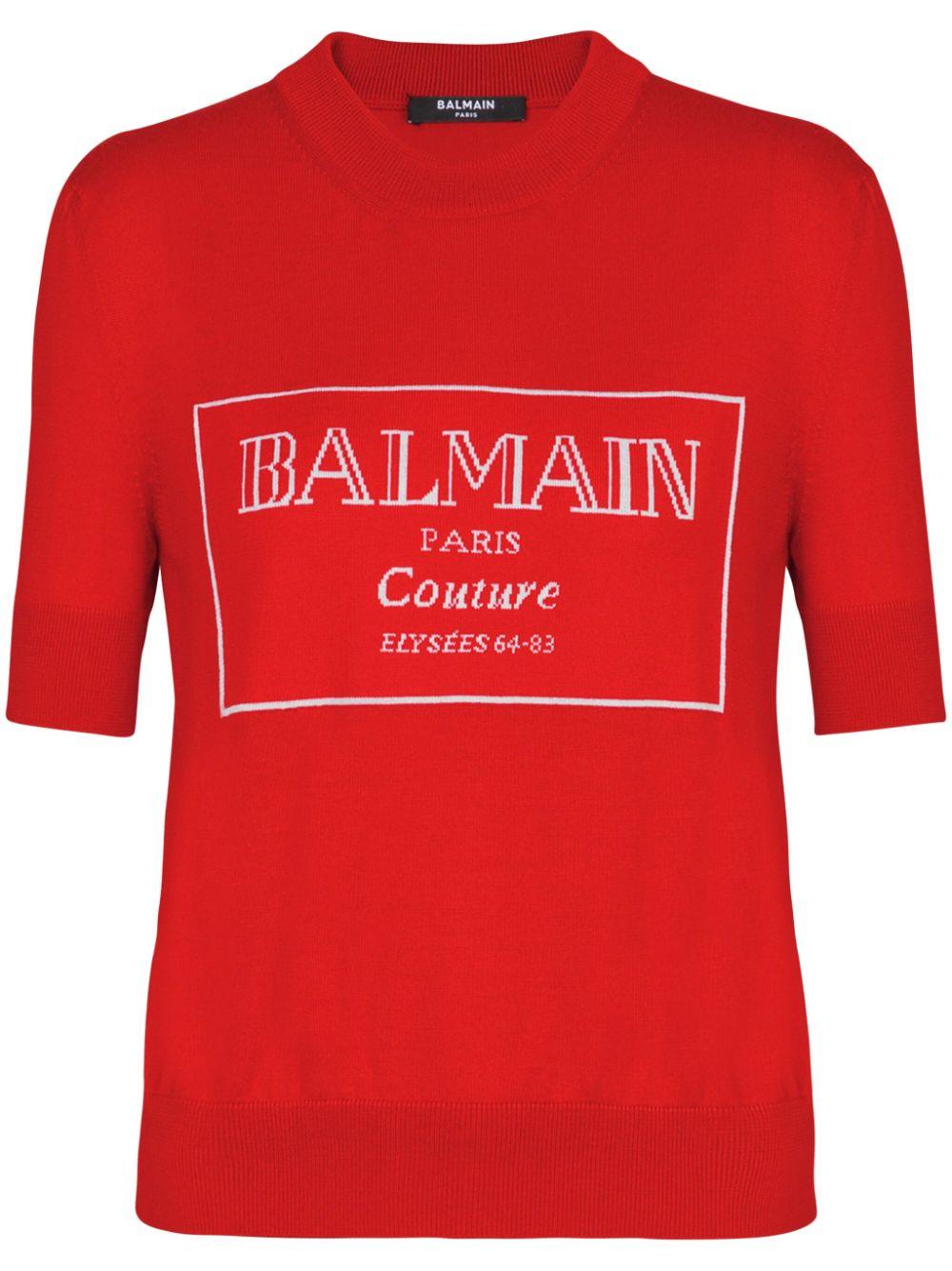 Balmain レディース レッド ロゴ Tシャツ トップス