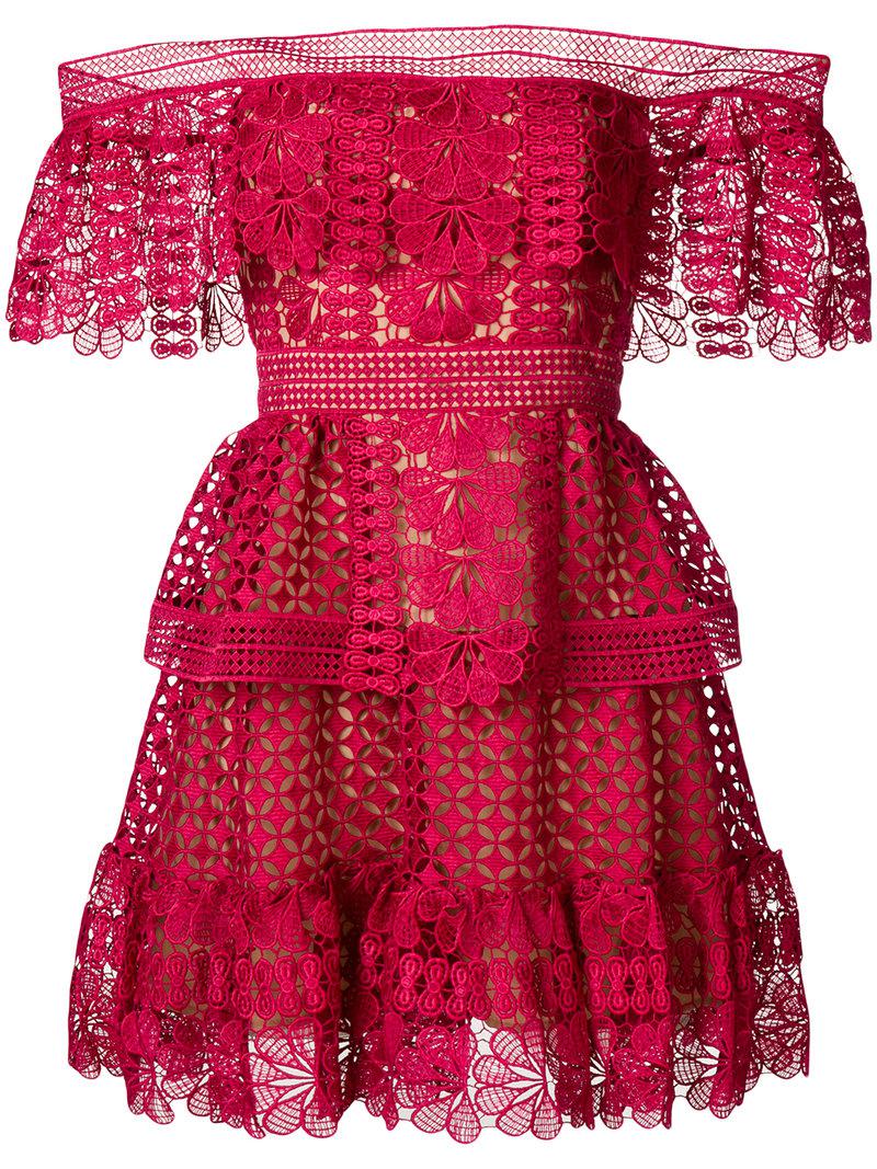 Self-Portrait Off-the-shoulder Guipure-lace Dress in Red | Lyst