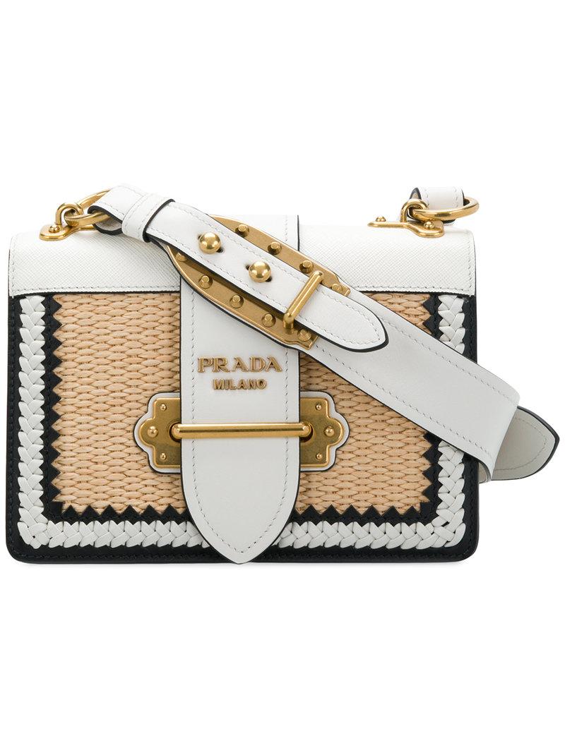 Prada Leather Cahier Straw Shoulder Bag in White - Lyst