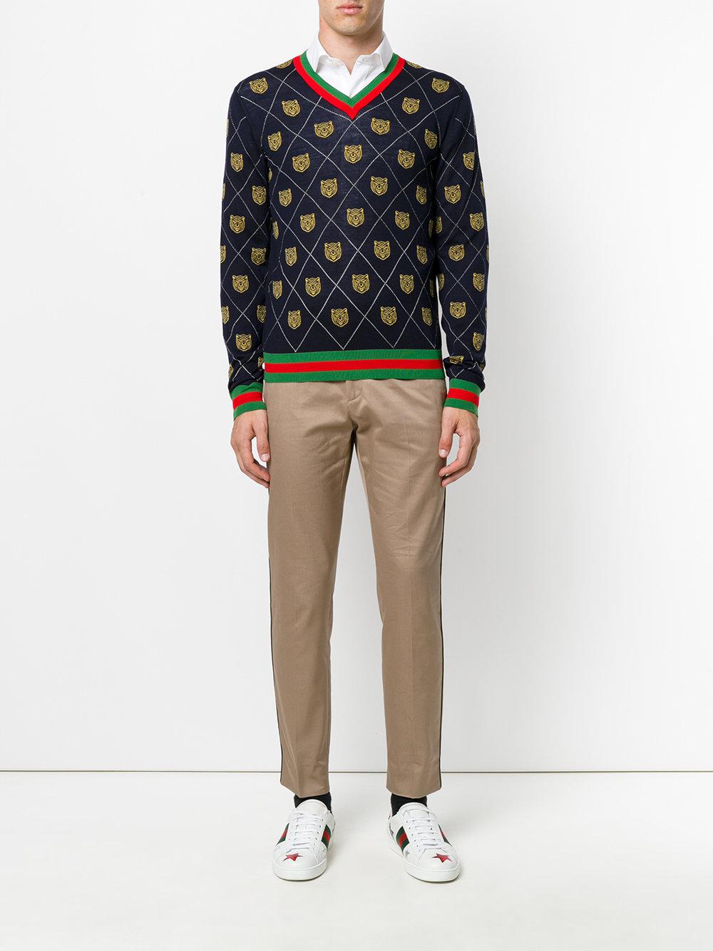 Gucci Wool Bear Intarsia Vneck Sweater in Blue for Men Lyst