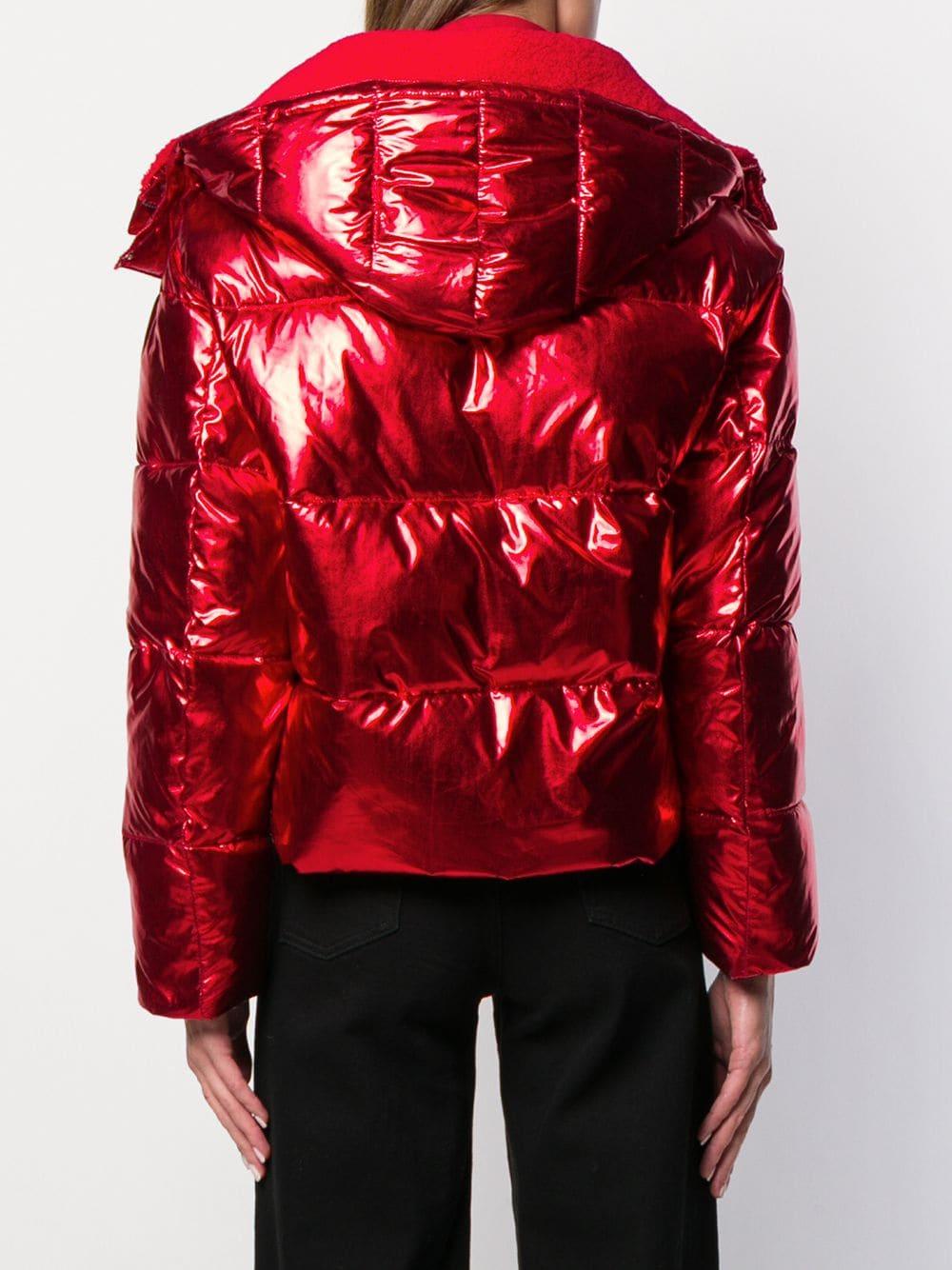 long red puffer jacket