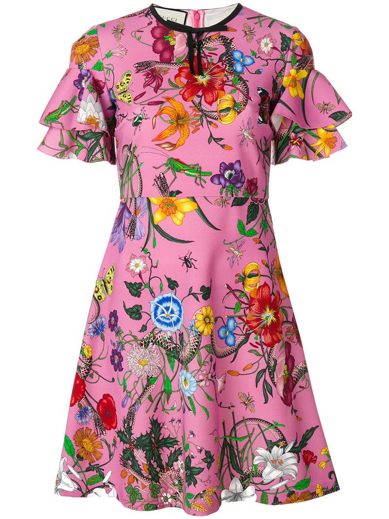 Gucci Cotton Floral Print Dress in Pink/Purple (Pink) - Lyst
