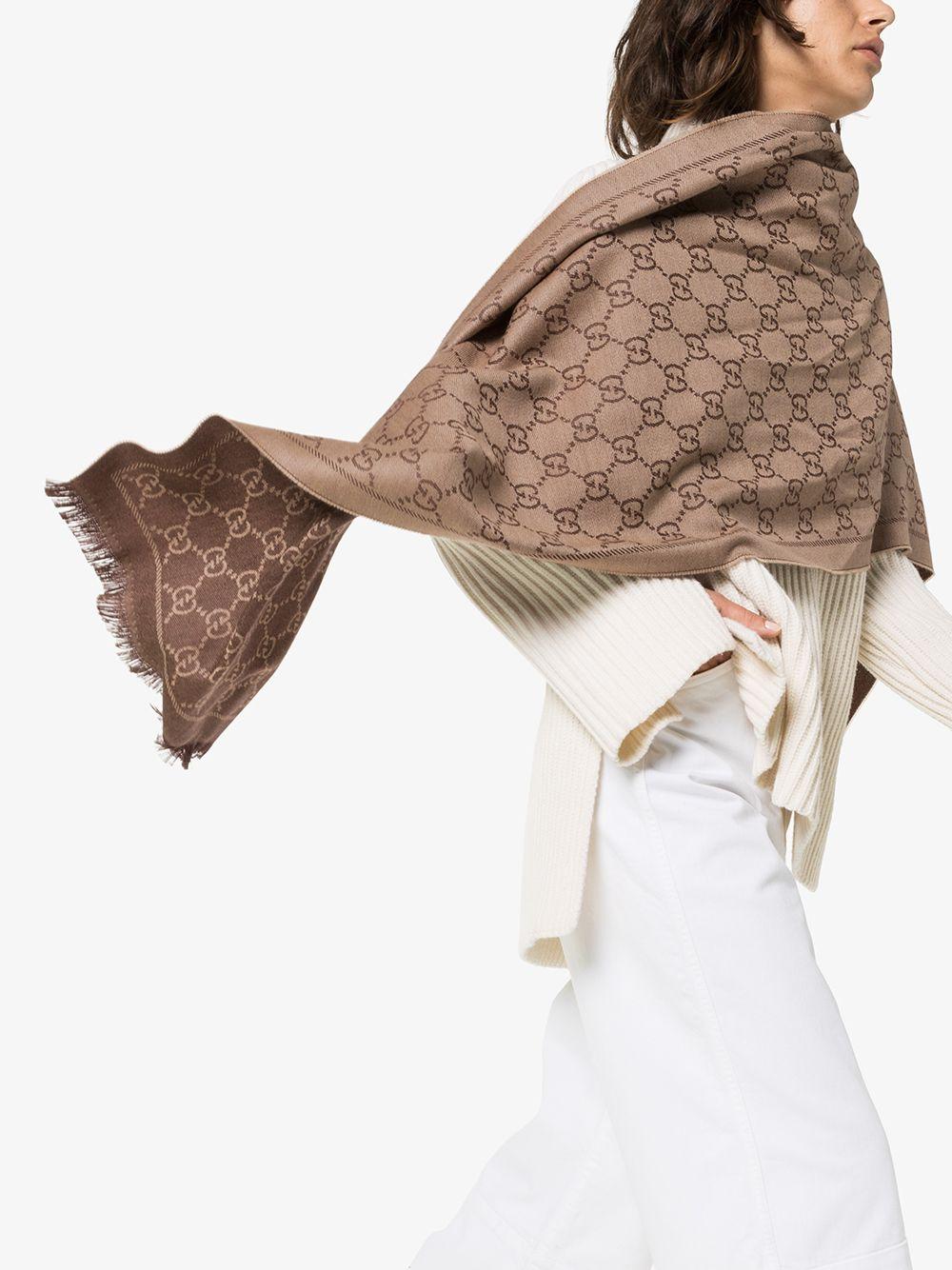 Gucci Wool Monogram Knitted Scarf in Brown - Lyst