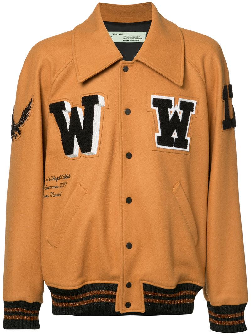 Off-White c/o Virgil Abloh Wool Patched Varsity Jacket in Brown for Men |  Lyst Canada
