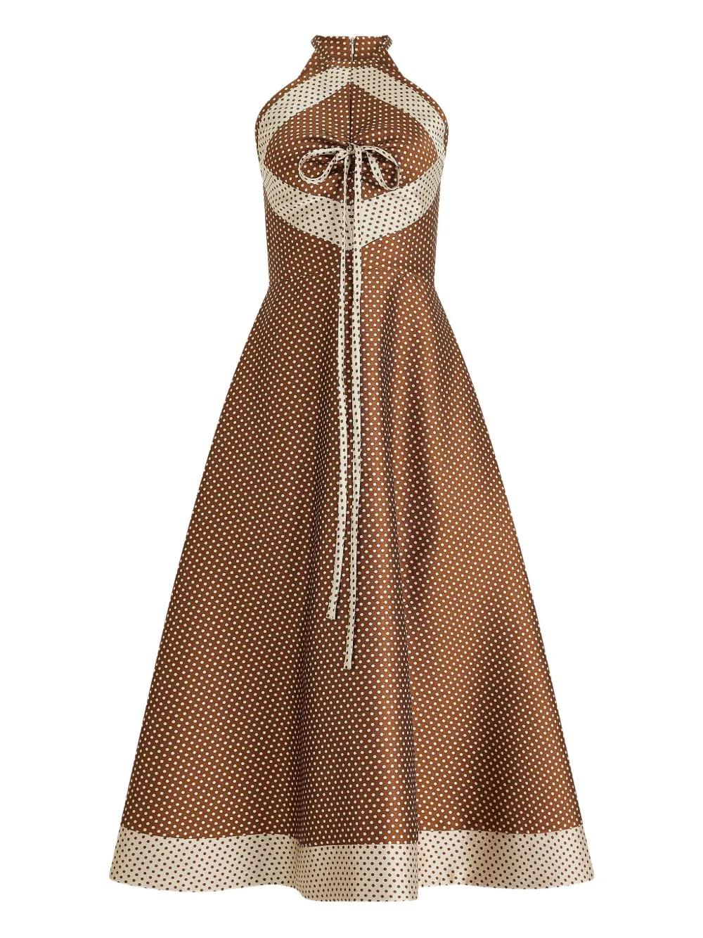 rosie assoulin brown dress Rosie Assoulin Polka Dot Halterneck Midi Day Dress in Brown